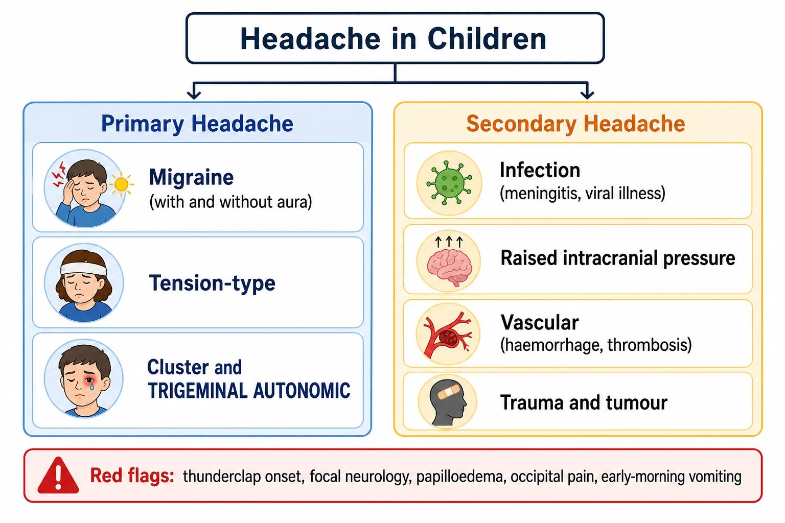 Educational schematic classifying headache in children into primary headache, comprising migraine without aura, migraine with aura, tension-type, and trigeminal autonomic cephalalgias, and secondary headache, comprising infection, raised intracranial pressure, vascular causes, and trauma or tumour, with a red-flag banner listing thunderclap onset, focal neurology, papilloedema, occipital pain, and early-morning vomiting