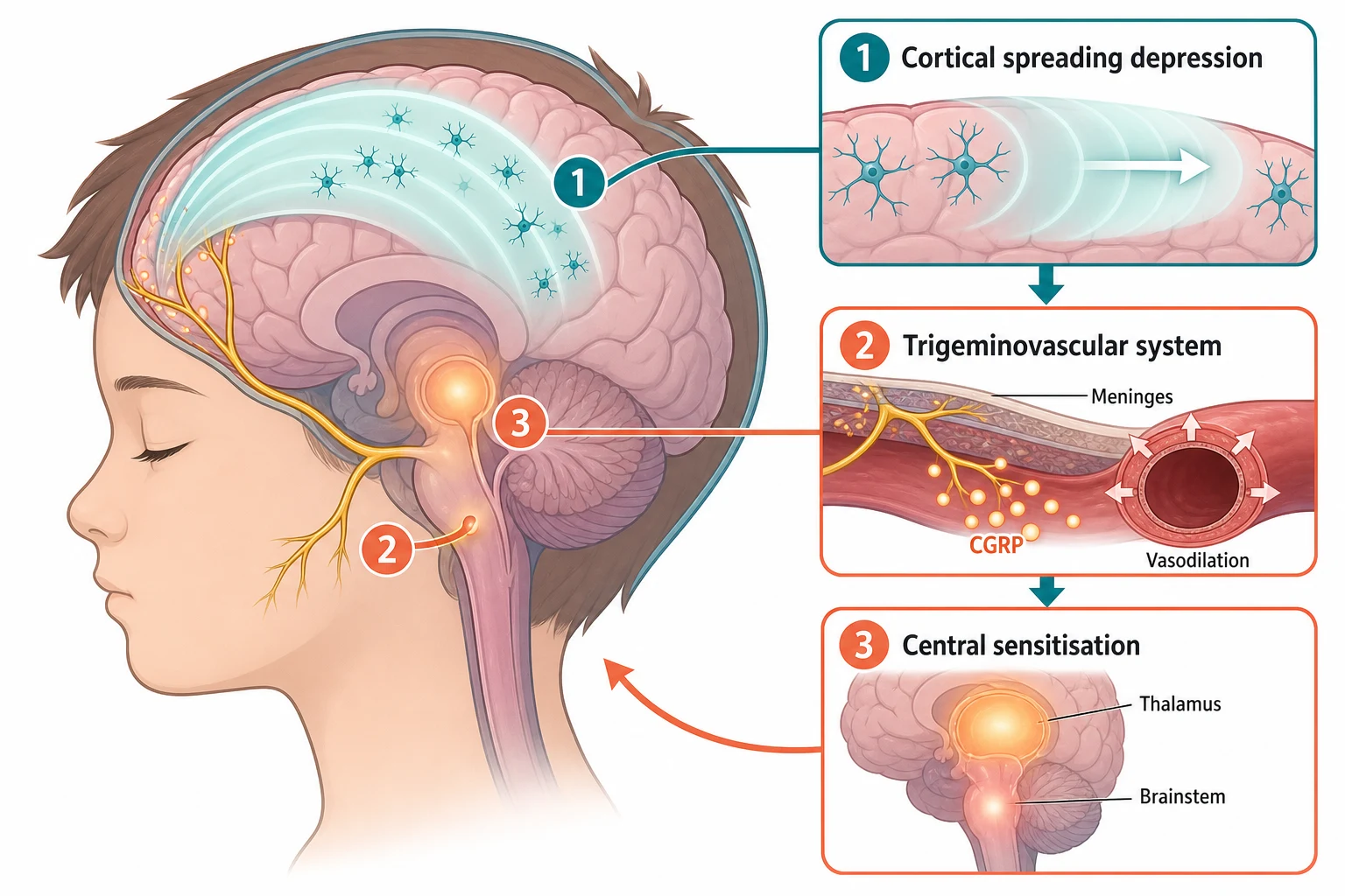 Educational schematic of the migraine mechanism in a child's brain, showing a cortical spreading depression wave sweeping across the cortex, the trigeminovascular system branching from the brainstem to the meninges and blood vessels, calcitonin gene-related peptide or CGRP release causing vasodilation, and central sensitisation at the thalamus and brainstem, linked by arrows