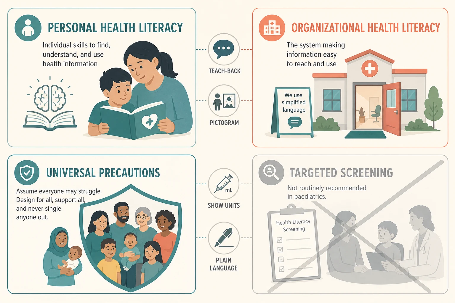 Four-quadrant classification board contrasting personal and organizational health literacy with universal precautions versus targeted screening, linked by teach-back, pictogram, millilitre-syringe and plain-language icons