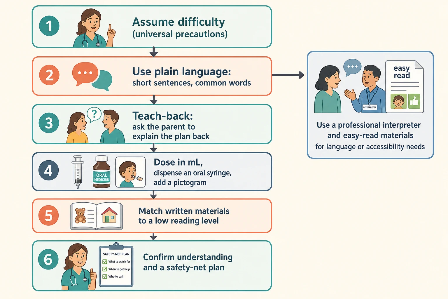 Six-step universal-precautions algorithm from assuming difficulty through plain language, teach-back, millilitre dosing with oral syringe and pictogram, reader-matched materials, to confirming understanding and a safety-net, with an interpreter and easy-read side branch