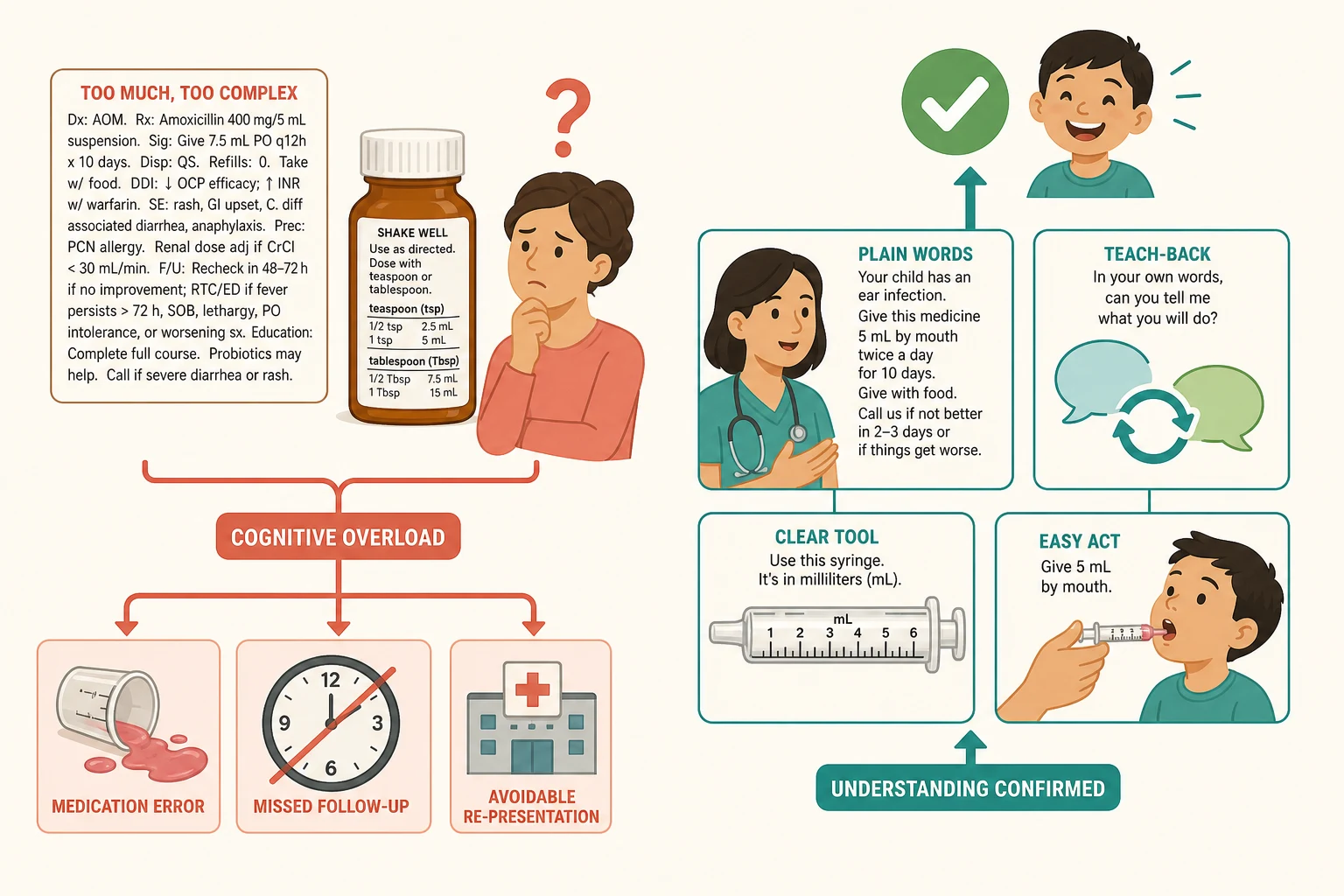 Mechanism diagram contrasting dense jargon and confusing units causing cognitive overload and errors with plain language, teach-back, millilitre syringe and pictogram leading to confirmed understanding