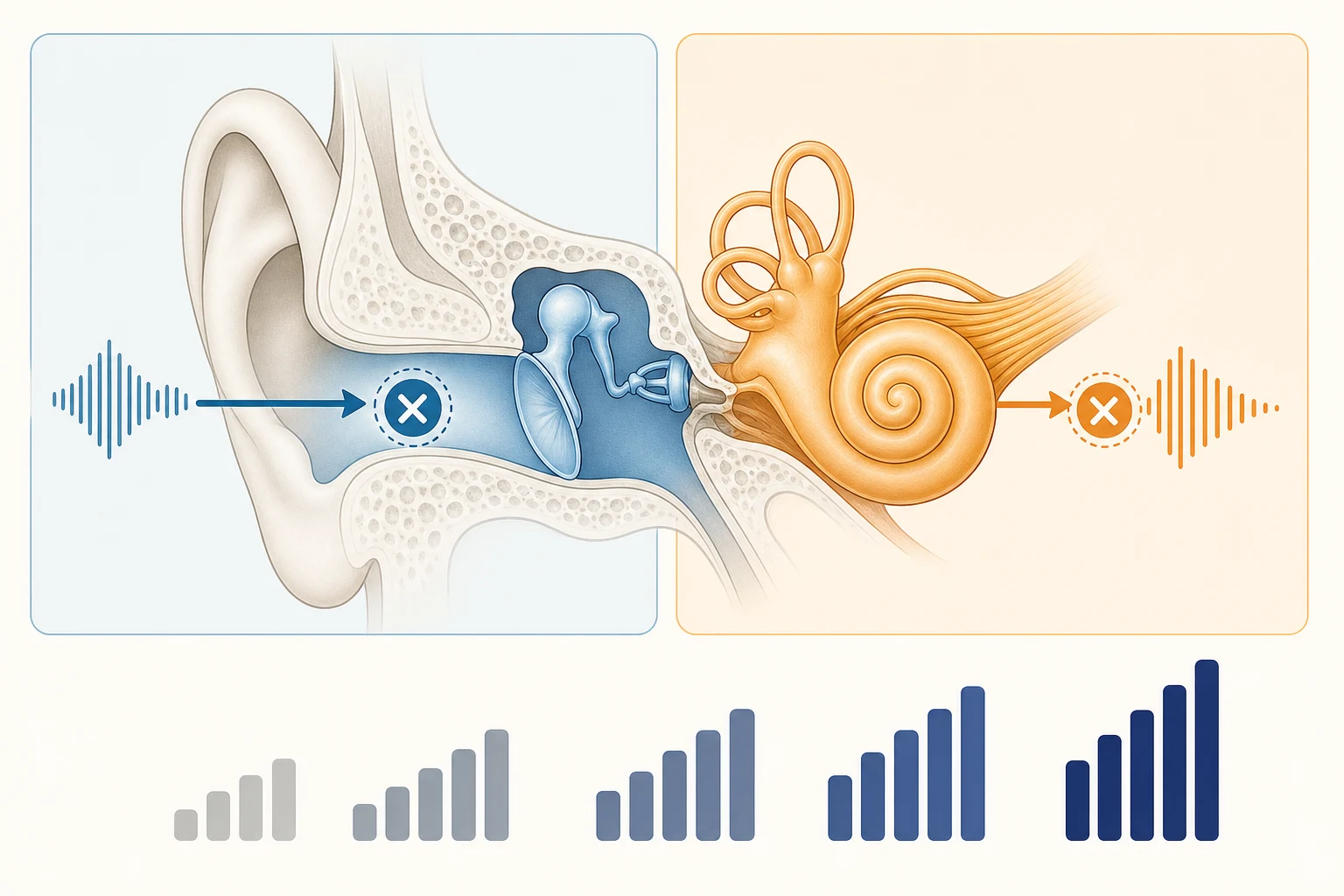 Classification of childhood hearing loss on two axes: the site of the lesion with the outer and middle ear highlighted in blue for conductive loss and the cochlea and auditory nerve highlighted in amber for sensorineural loss, and the degree of loss shown as five ascending hearing-level bars from mild to profound