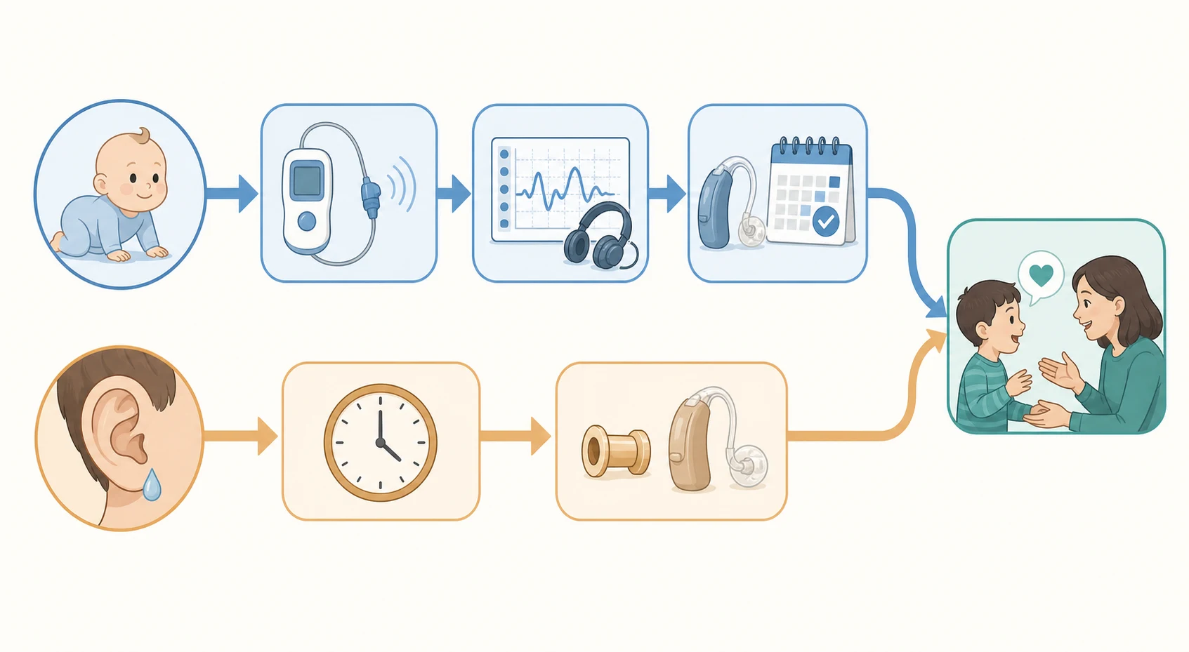 Management algorithm for childhood hearing loss showing two parallel pathways, the 1-3-6 newborn screening pathway of screen by one month, diagnostic auditory brainstem response by three months and early intervention by six months, and the otitis media with effusion pathway of three months of watchful waiting leading to grommets for persistent bilateral loss, both converging on a child communicating