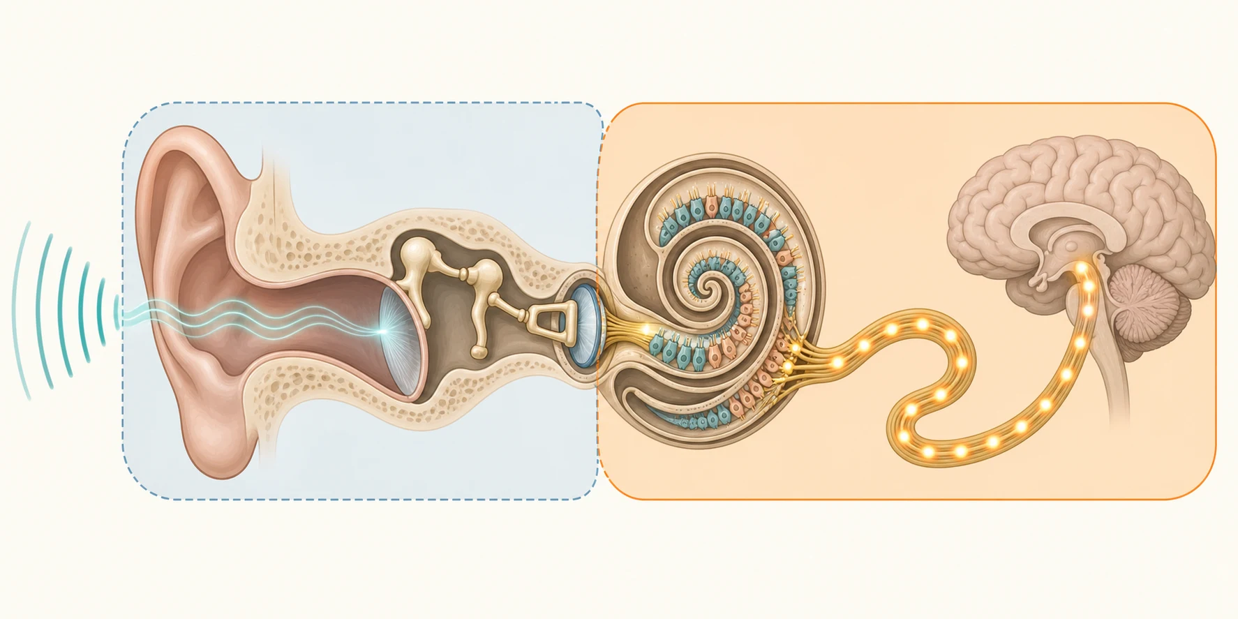 The hearing pathway from sound wave entering the outer ear canal, vibrating the tympanic membrane, moving the three middle-ear ossicles, deflecting hair cells within the coiled cochlea, and travelling as a nerve signal along the auditory nerve to the brain, with the conductive zone of the outer and middle ear tinted blue and the sensorineural zone of the cochlea and nerve tinted amber