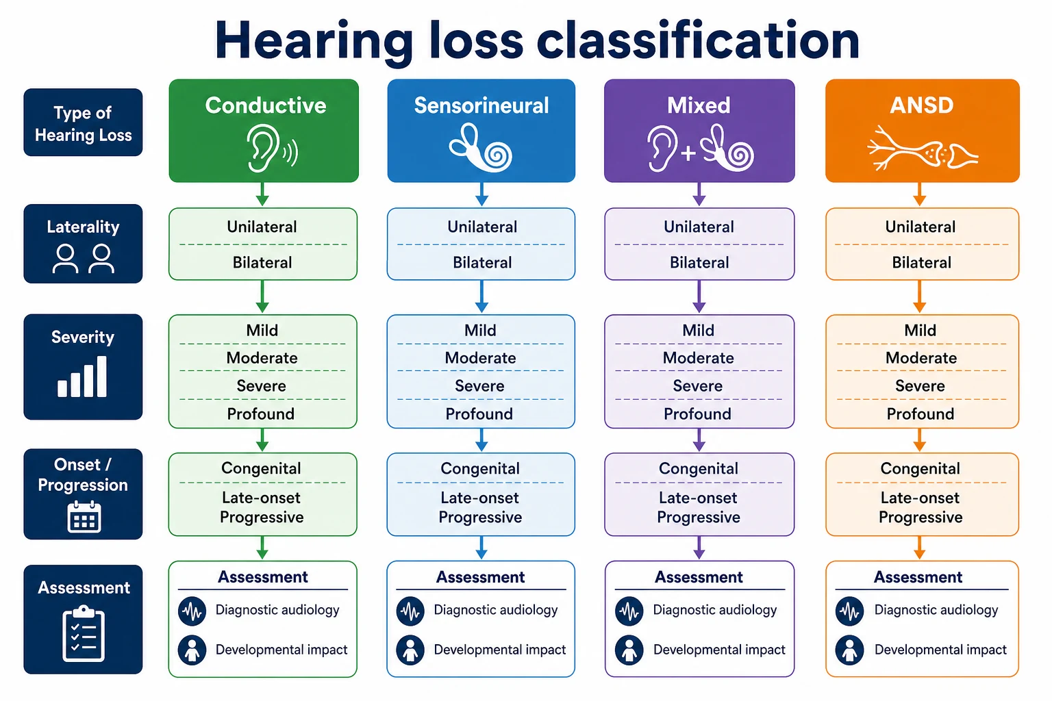 Educational classification map of conductive, sensorineural, mixed and auditory neuropathy hearing loss by laterality, severity and onset
