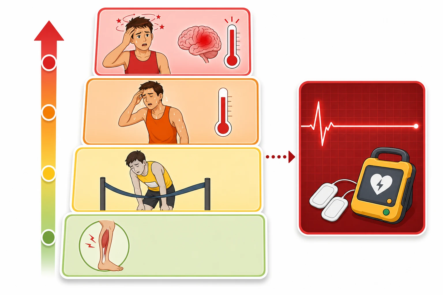 Severity ladder ascending in four amber-to-red steps. Bottom rung labelled Exercise-associated muscle cramps shows a flexed calf with a cramp icon and text painful involuntary contractions managed by rest stretching and sodium. Second rung labelled Heat syncope and exercise-associated collapse shows a runner slumping at a finish line, pale and alert, text venous pooling on stopping managed supine legs raised oral fluids. Third rung labelled Exertional heat exhaustion shows a tired sweaty athlete with a thermometer reading below 40 degrees, text preserved mental state managed by cooling and rehydration. Top rung in red labelled Exertional heat stroke shows a confused athlete with a rectal thermometer at 41 degrees and a brain icon, text core temperature 40 degrees Celsius or higher with CNS dysfunction managed by cold-water immersion. A separate red box on the right labelled Sudden cardiac arrest shows a flatline and defibrillator, text no pulse begin CPR and defibrillate.