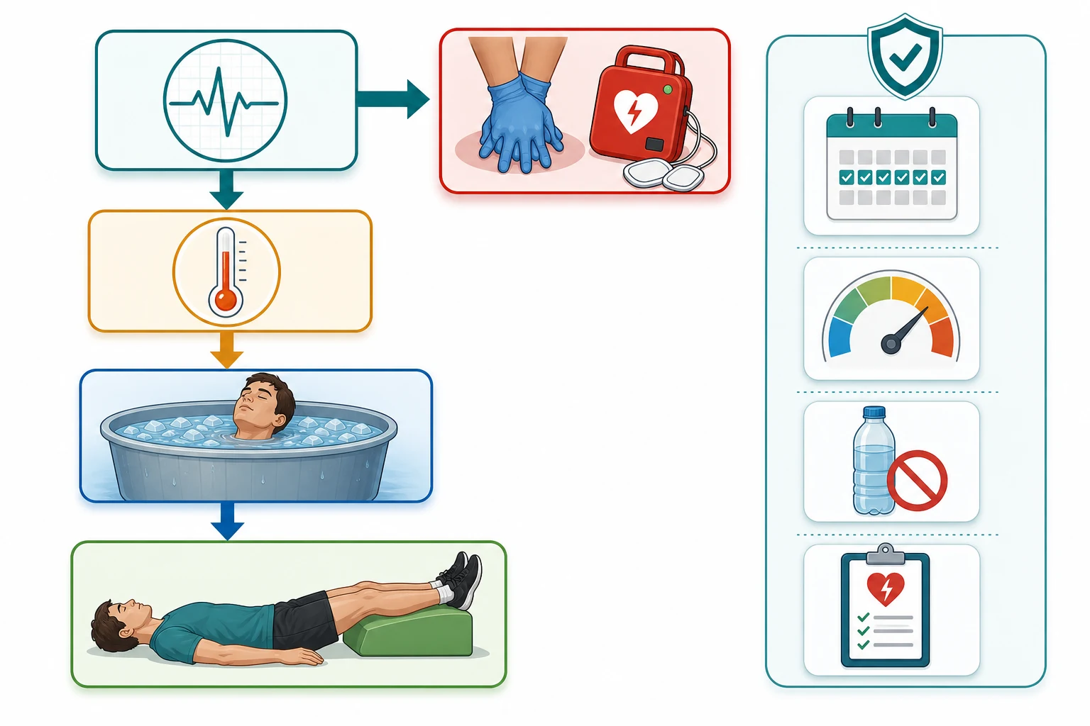 Left side a field-side collapse protocol in a vertical flow. Box one check pulse — no pulse leads right to a red cardiac arrest box with CPR and AED icons and text begin CPR defibrillate within minutes. Pulse present leads down to box two take rectal temperature. Rectal temperature 40 degrees or higher with CNS signs leads down to box three cold-water immersion to the neck at 2 to 15 degrees Celsius, stir water, monitor temperature, target below 39 degrees. Normal temperature and alert leads to box four exercise-associated collapse managed supine legs raised oral fluids. Right column titled Prevention shows four icons a 14-day heat acclimatization calendar, a wet-bulb globe temperature gauge with activity zones, a water bottle with a no-overdrink cross, and a rehearsed emergency action plan with an AED.