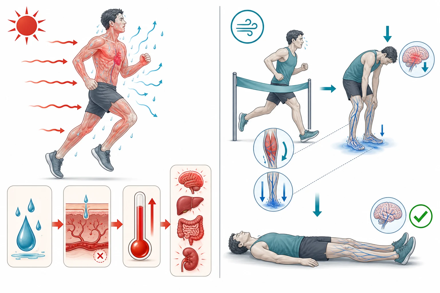 Two-panel schematic. Left panel labelled Heat production exceeds dissipation shows a human figure exercising with red heat arrows entering the body and blue evaporation arrows leaving the skin, a thermometer rising past 40 degrees, and a flow of boxes reading sweating limited by humidity then skin blood flow fails then core temperature climbs then cellular damage to gut liver kidney brain. Right panel labelled Exercise-associated collapse shows a runner crossing a finish line and slumping, with the leg veins dilated and pooling blue blood, an arrow showing the calf-muscle pump stopping, a downward cerebral perfusion arrow, and the caption mental state clears once supine.