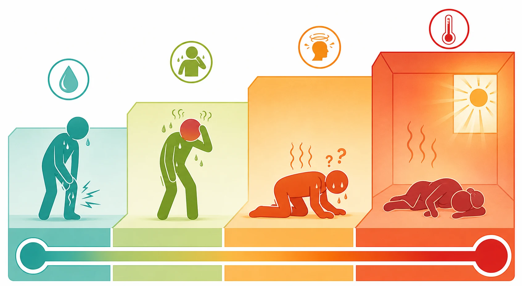 Educational severity ladder showing the heat-illness spectrum from heat cramps and heat exhaustion up to exertional and classic heat stroke, with severity and colour rising from cool teal to hot orange-red