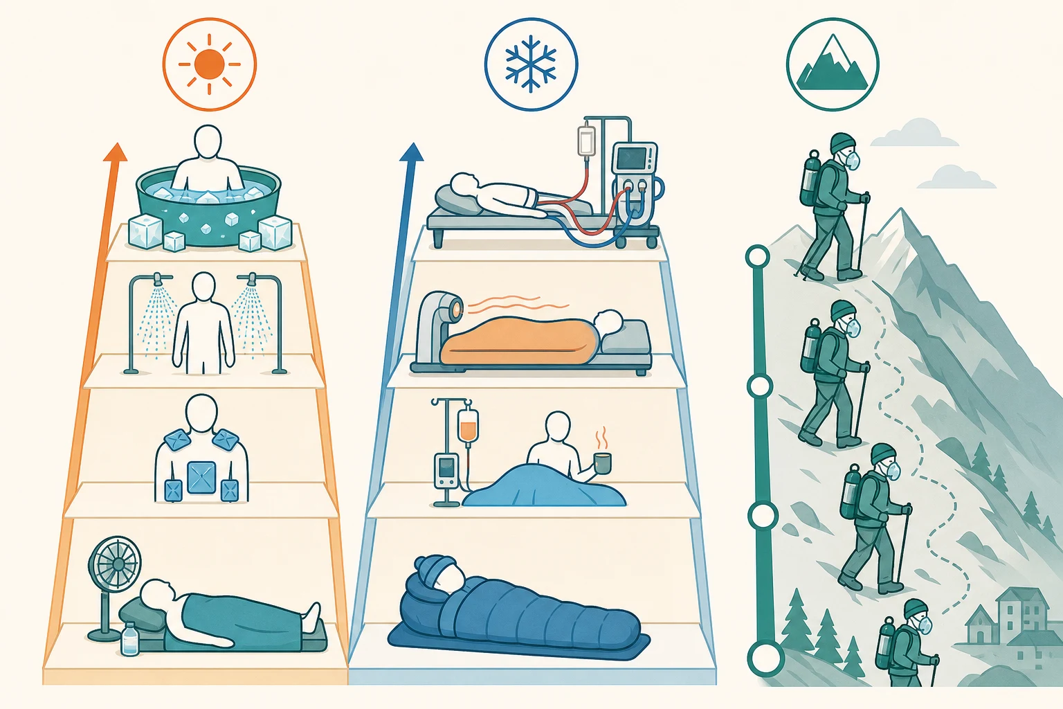 Educational three-track management ladder showing cooling for heat stroke, rewarming for hypothermia, and descent for altitude illness, each as a stepwise ladder