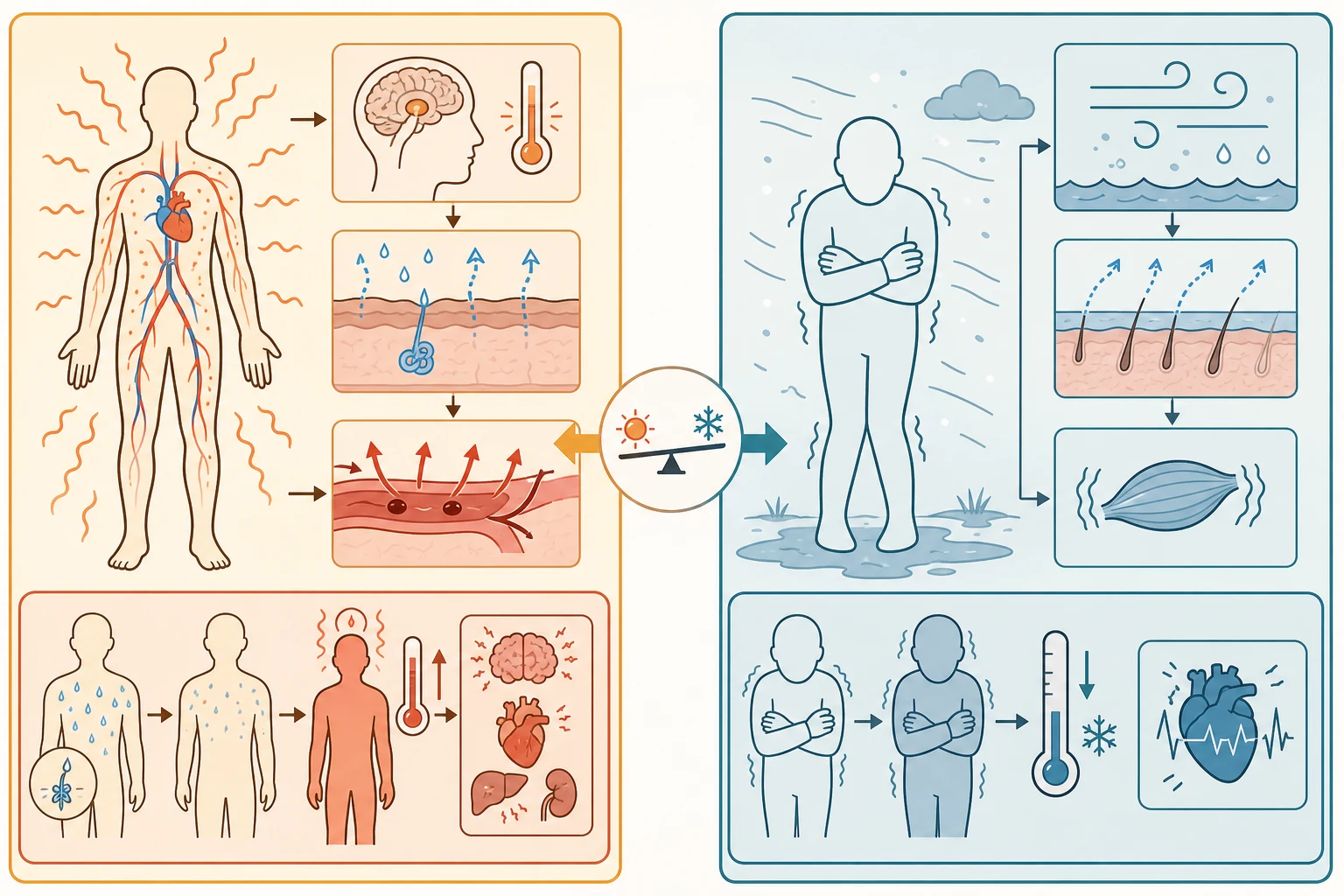 Educational two-panel schematic contrasting the heat-illness pathway of failed sweating and rising core heat damaging brain and organs with the hypothermia pathway of heat loss, shivering and an irritable myocardium