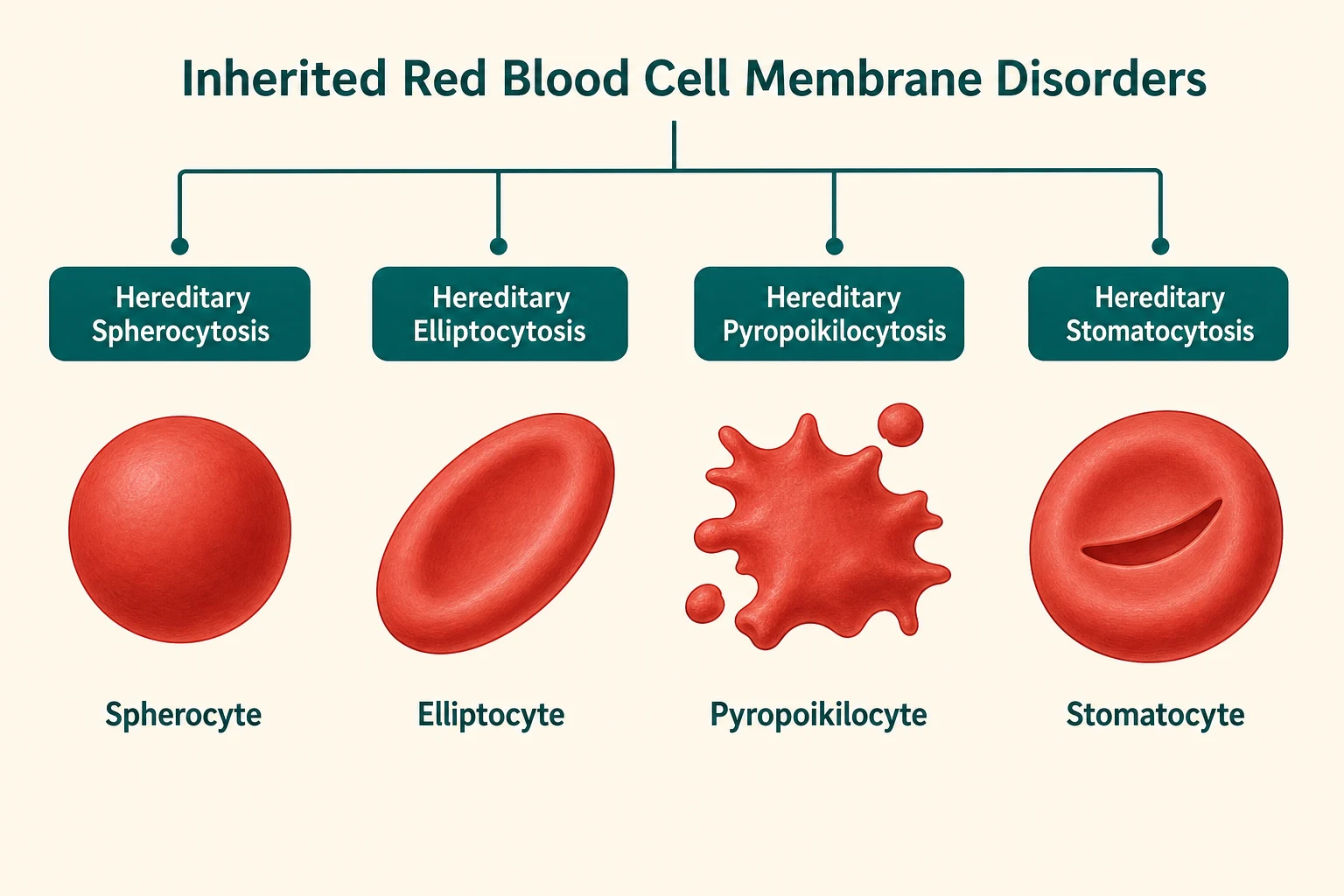 Educational schematic classifying inherited red cell membrane disorders into four panels showing the characteristic cell shape and disease name for hereditary spherocytosis with a small dense round spherocyte, hereditary elliptocytosis with an elongated oval elliptocyte, hereditary pyropoikilocytosis with a fragmented irregular poikilocyte, and hereditary stomatocytosis with a cell bearing a mouth-shaped central slit