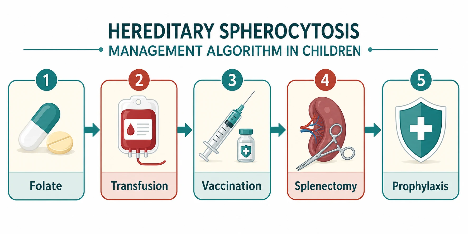 Educational management algorithm flowchart for hereditary spherocytosis showing five connected steps from left to right with rounded boxes and arrows including folate supplementation with a pill icon, transfusion support with a blood bag icon, pre-splenectomy vaccination with a syringe icon, splenectomy with a stylised spleen and surgical scissors icon, and post-splenectomy prophylaxis with a shield icon