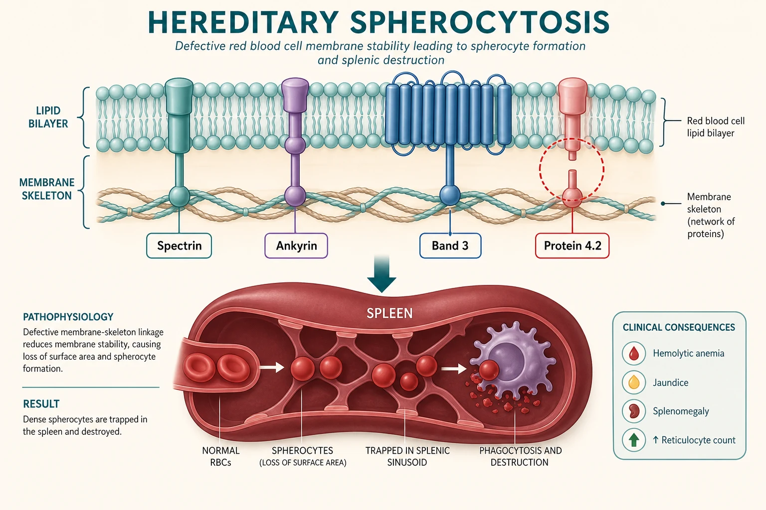 Educational pathophysiology diagram of hereditary spherocytosis showing the red cell membrane cross-section with vertical protein linkages including spectrin, ankyrin, band 3 and protein 4.2 connecting the cytoskeleton to the lipid bilayer, one linkage marked with a broken red circle indicating a mutation, and an arrow flowing into a stylised spleen shape where small dense spherocytes are trapped and destroyed