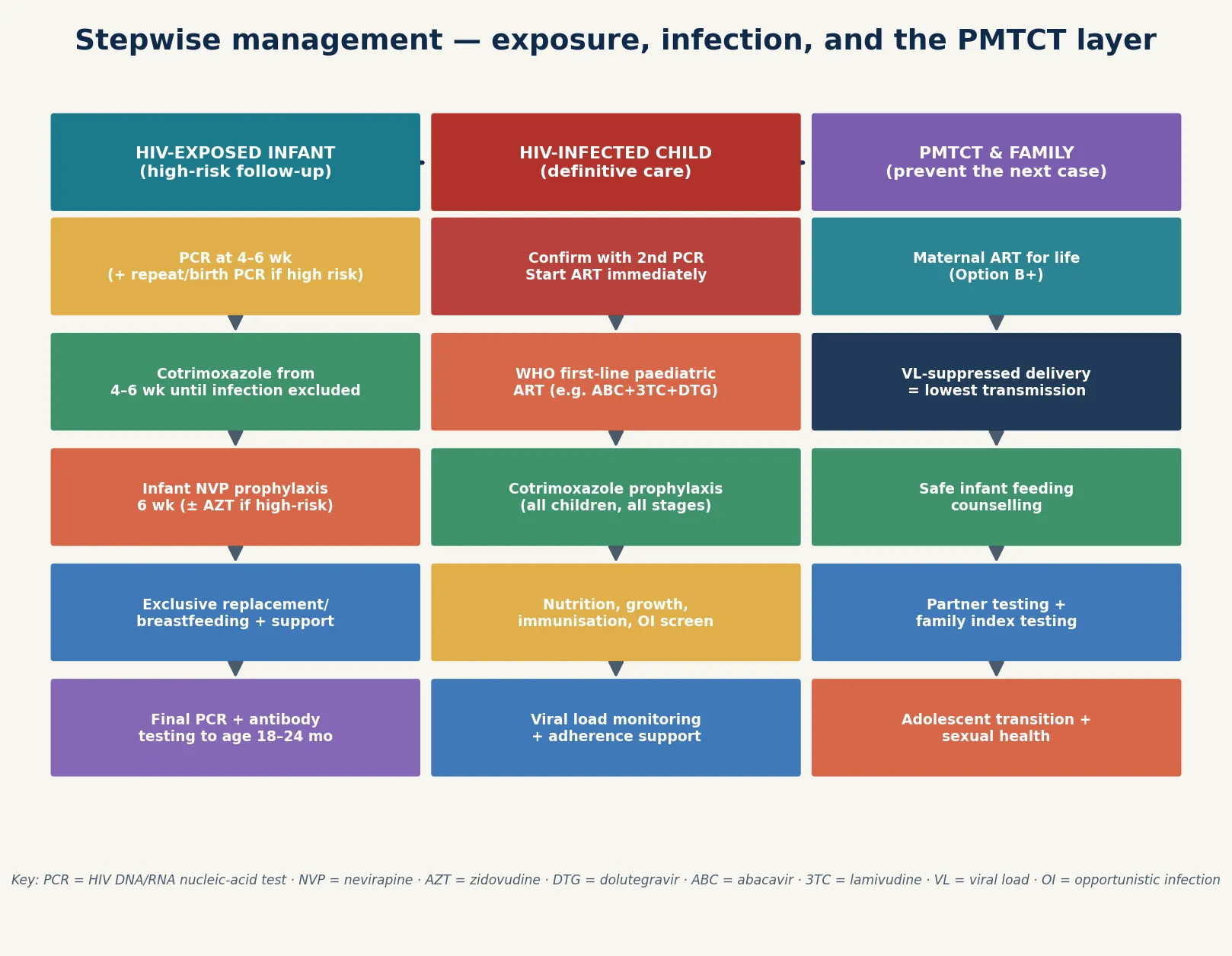 Three-column stepwise management pathway: the HIV-exposed infant (PCR at 4–6 weeks, cotrimoxazole from 4–6 weeks, infant nevirapine prophylaxis, feeding support, final antibody testing); the HIV-infected child (confirm PCR, immediate ART, cotrimoxazole prophylaxis, nutrition and growth, viral-load monitoring); and PMTCT and family (maternal lifelong ART Option B+, viral load at delivery, safe feeding, partner and sibling testing, adolescent transition)