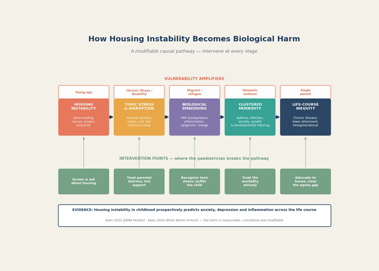Causal pathway diagram from housing instability through toxic stress and biological embedding to clustered morbidity and life-course inequity, with vulnerability amplifiers and intervention points marked