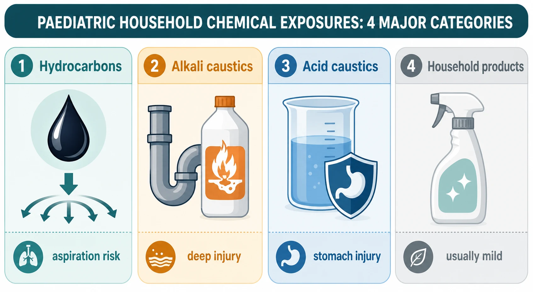 Reviewed educational schematic classifying paediatric household chemical exposures into four panels: hydrocarbons (engine oil, kerosene, petrol, lamp oil, lighter fluid) with low surface tension and aspiration risk; alkali caustics (dishwasher tablets, drain cleaner, oven cleaner, bleach concentrate) with liquefaction necrosis and deep oesophageal injury; acid caustics (battery acid, toilet bowl cleaner, rust remover) with coagulation necrosis, gastric injury and eschar; and other household products such as low-concentration bleach and detergent with usually irritant-only effect