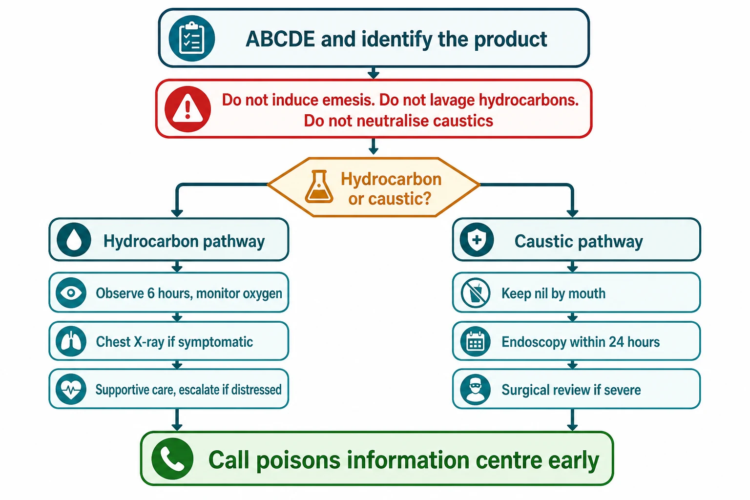 Reviewed educational schematic of the management pathway as a vertical flowchart: ABCDE primary survey and identify the product, a red warning box for no induced emesis and no gastric lavage for hydrocarbons, a decision diamond for hydrocarbon or caustic, a hydrocarbon branch with six-hour observation, chest X-ray if symptomatic and supportive care, a caustic branch with nil by mouth, no neutralisation, early endoscopy within twenty-four hours and surgical review, and a bottom box to call the poisons information centre early