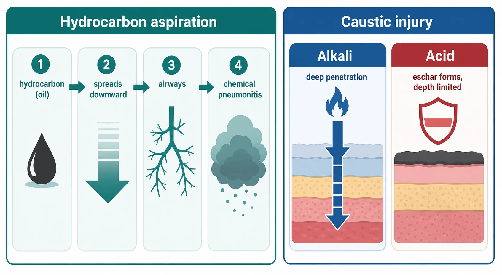 Reviewed educational schematic with two parallel mechanism pathways. Left pathway, hydrocarbon aspiration: ingest or vomit, a droplet with low surface tension spreads downward, reaches the alveoli and disrupts the surfactant layer, and causes chemical pneumonitis and inflammation. Right pathway, caustic ingestion: alkali shown as a corroded oesophagus cross-section with deep liquefaction necrosis penetrating the wall, versus acid shown as a stomach cross-section with coagulation necrosis and a protective surface eschar
