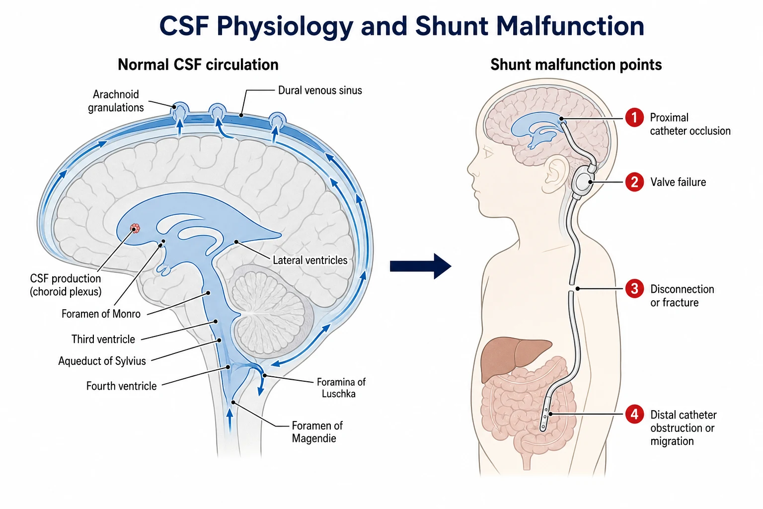 A clean medical schematic on a white background titled CSF Physiology and Shunt Malfunction. The left panel shows normal cerebrospinal fluid circulation through the lateral ventricles, third ventricle, aqueduct of Sylvius, fourth ventricle, the foramina of Luschka and Magendie, the arachnoid granulations, and the dural venous sinus, with the choroid plexus marked as the site of production. The right panel shows the four numbered shunt malfunction points along a ventriculoperitoneal shunt: proximal catheter occlusion at the ventricle, valve failure behind the ear, disconnection or fracture along the chest, and distal catheter obstruction or migration in the abdomen.