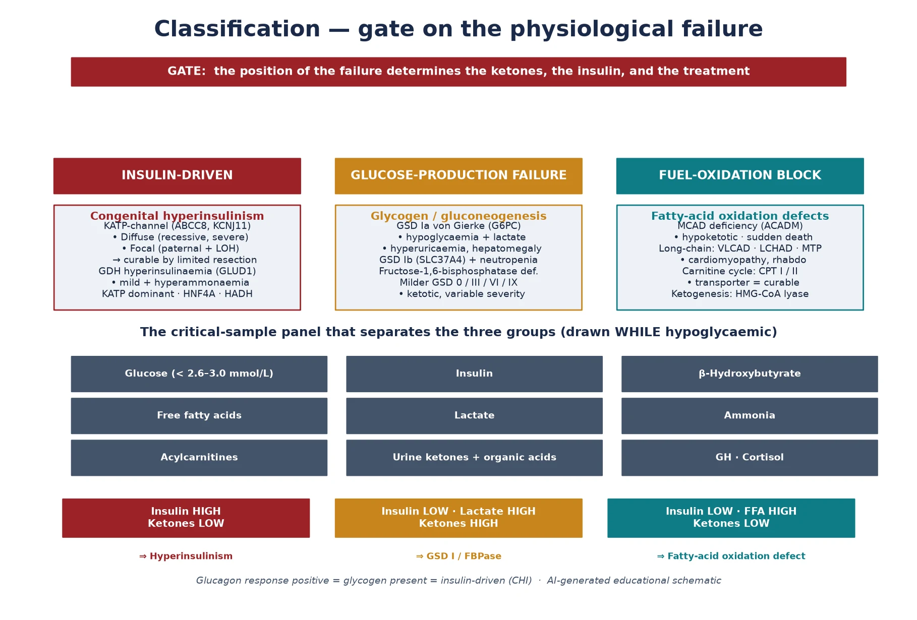 Three-column classification of inherited hypoglycaemia causes: insulin-driven (congenital hyperinsulinism with KATP-channel ABCC8/KCNJ11 diffuse vs focal, glutamate dehydrogenase hyperinsulinism-hyperammonaemia, and other monogenic forms), glucose-production failure (GSD Ia von Gierke, fructose-1,6-bisphosphatase deficiency, and milder GSD 0/III/VI/IX), and fuel-oxidation block (MCAD deficiency, long-chain FAOD VLCAD/LCHAD/MTP, and carnitine/ketogenesis defects CPT I/II and HMG-CoA lyase), with a footer naming the critical-sample panel drawn while hypoglycaemic