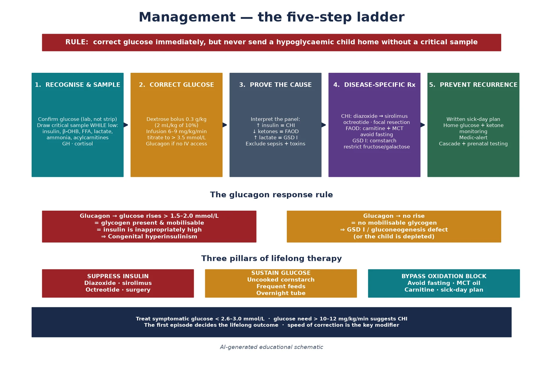 Five-step management ladder running from recognise-and-sample through glucose correction with a dextrose bolus and infusion, proving the cause and excluding sepsis, disease-specific therapy with diazoxide or sirolimus for hyperinsulinism carnitine and MCT for fatty-acid oxidation defects and cornstarch for glycogen storage disease, to prevention of recurrence with a sick-day plan and home monitoring, with a footer stating the glucagon response rule and the principle that no hypoglycaemic child is sent home without a critical sample