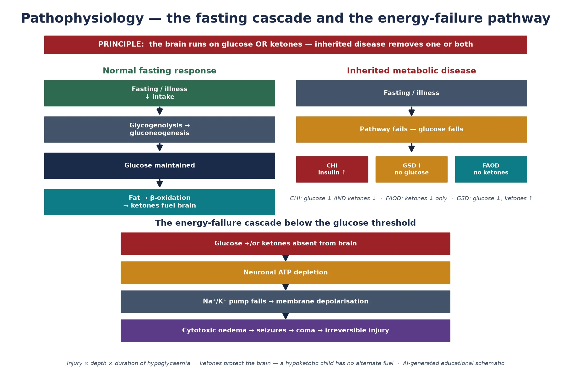 Five-step fasting cascade from fasting and illness through failure of glucose supply, falling blood glucose below a safe concentration, the expected counter-regulatory rise in ketones, and the pathological absence of ketones in fatty-acid oxidation defects or congenital hyperinsulinism, leading below to an energy-failure cascade of ATP depletion, sodium-potassium pump failure, cytotoxic oedema and seizures or coma, with a footer stating the principle that ketones protect the brain