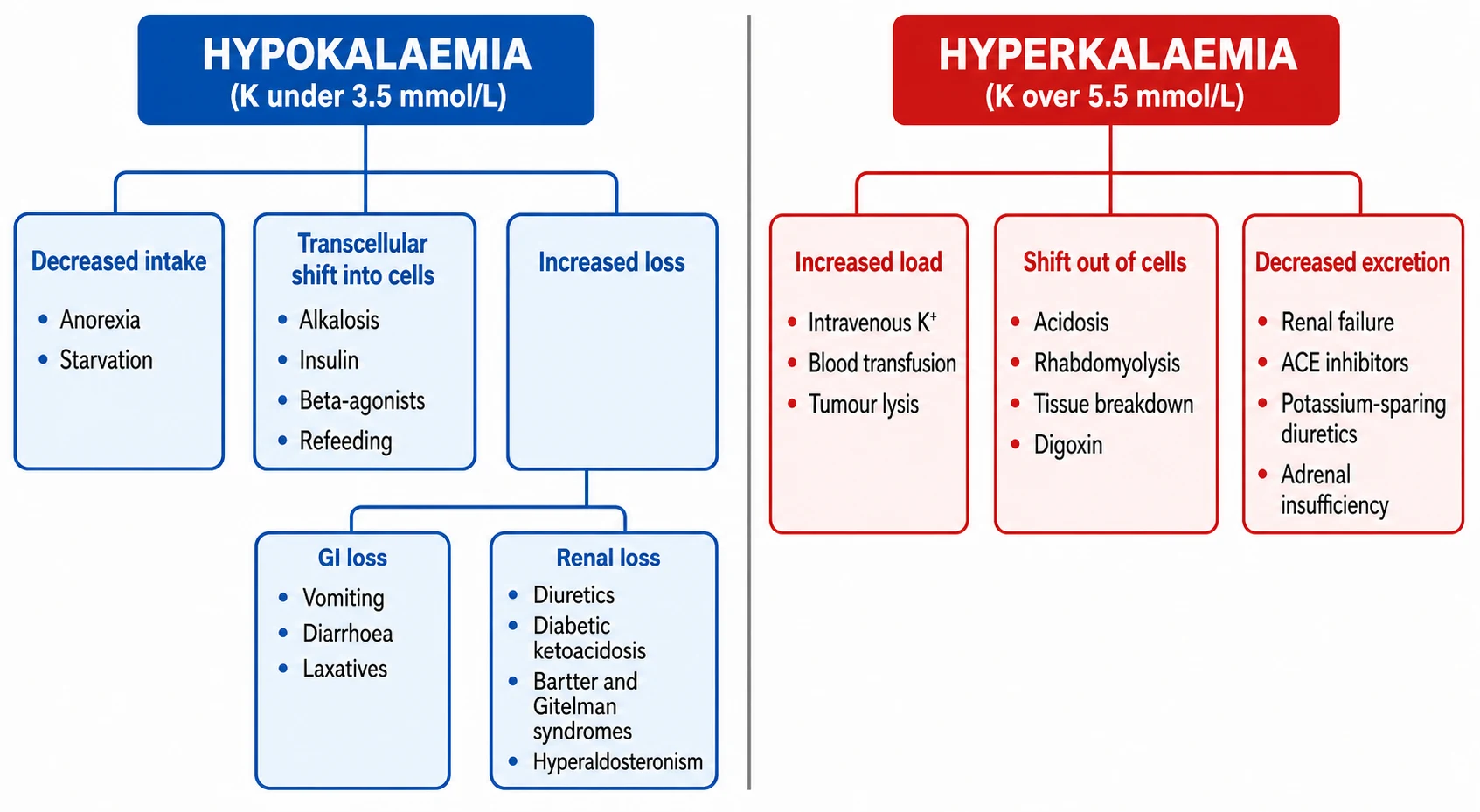 Two-sided classification flowchart of paediatric potassium disorders. The blue left half shows hypokalaemia causes split into decreased intake, shift into cells, and increased loss subdivided into gastrointestinal and renal causes including diuretics, diabetic ketoacidosis, Bartter and Gitelman syndromes and hyperaldosteronism. The red right half shows hyperkalaemia causes split into increased load, shift out of cells, and decreased excretion including renal failure, ACE inhibitors, potassium-sparing diuretics and adrenal insufficiency.