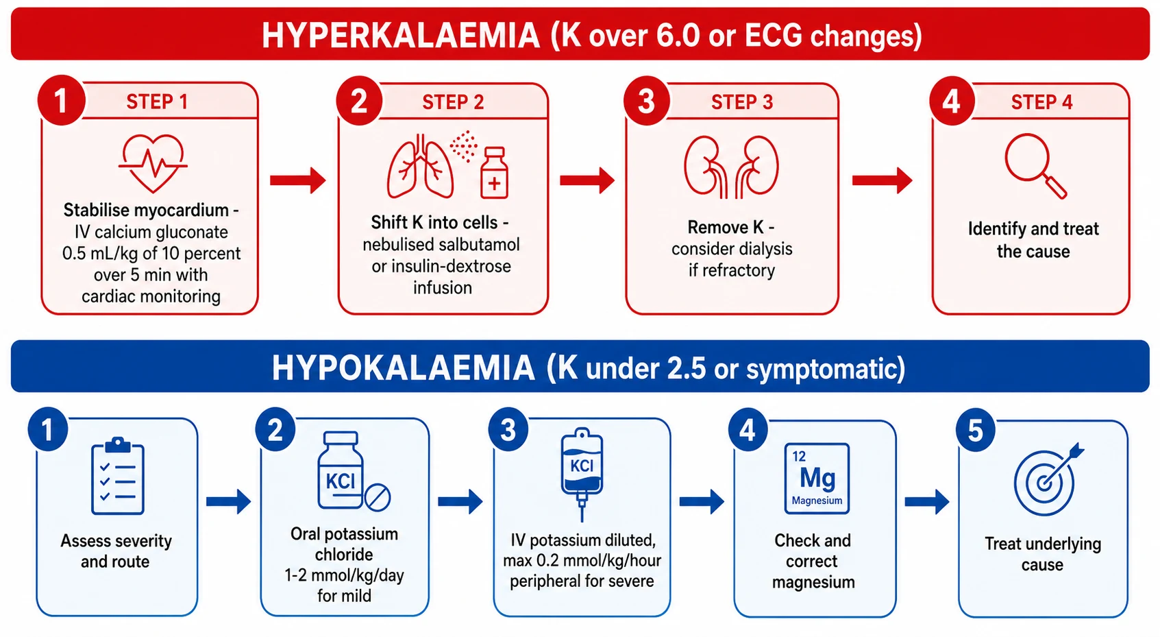 Management flowchart for paediatric potassium disorders. The top red banner covers hyperkalaemia with a four-step ladder: stabilise the myocardium with intravenous calcium gluconate, shift potassium into cells with nebulised salbutamol or insulin-dextrose, remove potassium with dialysis if refractory, and treat the cause. The bottom blue banner covers hypokalaemia with steps: assess severity and route, oral potassium chloride one to two mmol per kg per day for mild disease, intravenous potassium with a maximum rate of 0.2 mmol per kg per hour peripherally for severe disease, check and correct magnesium, and treat the underlying cause.