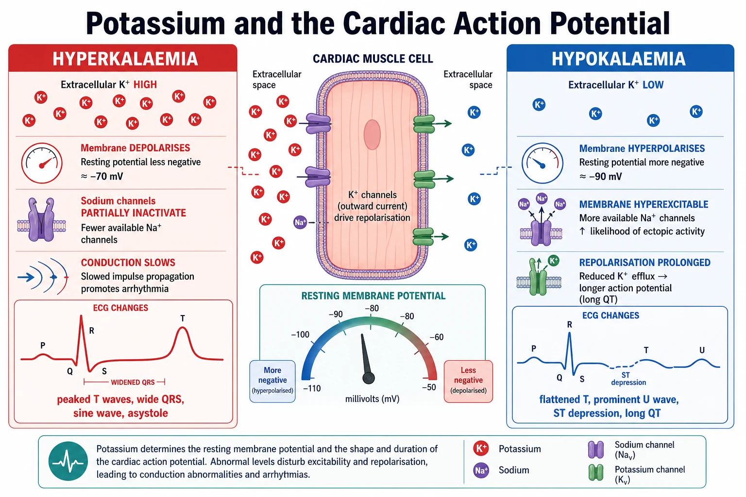 Mechanism diagram of potassium and the cardiac action potential. A stylised cardiac muscle cell sits at the centre with a resting membrane potential gauge. The left hyperkalaemia panel shows extracellular potassium high with red potassium symbols outside the cell, a depolarised less-negative resting potential around minus seventy millivolts, and a schematic ECG strip with tall peaked T waves and a widened QRS complex. The right hypokalaemia panel shows extracellular potassium low, a hyperpolarised more-negative resting potential around minus ninety millivolts, and a schematic ECG strip with flattened T waves and a prominent U wave after the T wave.