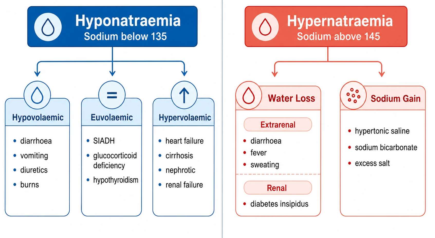 Two-sided classification flowchart of paediatric sodium disorders. The blue left half shows hyponatraemia causes split into hypovolaemic (diarrhoea, vomiting, diuretics, burns, cerebral salt wasting), euvolaemic (SIAD, glucocorticoid deficiency, hypothyroidism, primary polydipsia), and hypervolaemic (heart failure, cirrhosis, nephrotic syndrome, renal failure). The red right half shows hypernatraemia causes split into water loss (extrarenal: diarrhoea, fever, sweating; renal: diabetes insipidus, osmotic diuresis of DKA) and sodium gain (hypertonic saline, sodium bicarbonate, excess salt).
