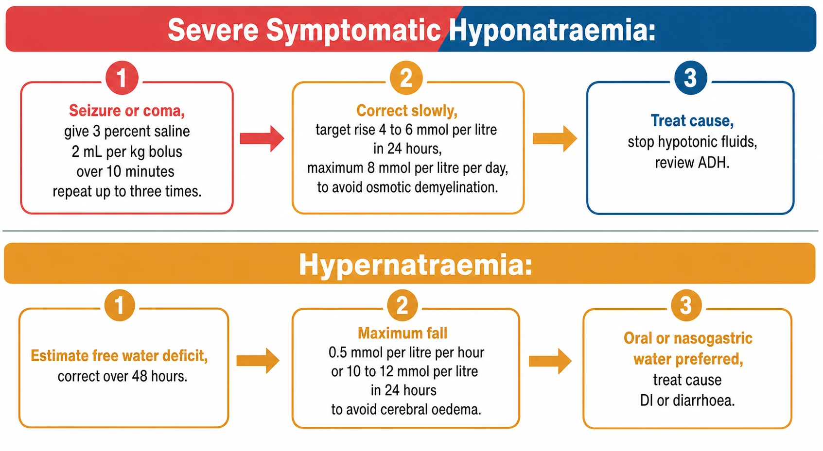Management flowchart for paediatric sodium disorders. The top red and blue banner covers severe symptomatic hyponatraemia with a three-step ladder: step one red box reads seizure or coma give 3 percent saline 2 mL per kg bolus over 10 minutes repeat up to three times; step two amber box reads correct slowly target rise 4 to 6 mmol per litre in 24 hours maximum 8 to avoid osmotic demyelination; step three blue box reads treat cause stop hypotonic fluids use isotonic maintenance. The bottom amber banner covers hypernatraemia with a three-step ladder: step one reads estimate free water deficit correct over 48 hours; step two reads maximum fall 0.5 mmol per litre per hour or 10 to 12 in 24 hours to avoid cerebral oedema; step three reads oral or nasogastric water preferred treat cause diabetes insipidus or diarrhoea.