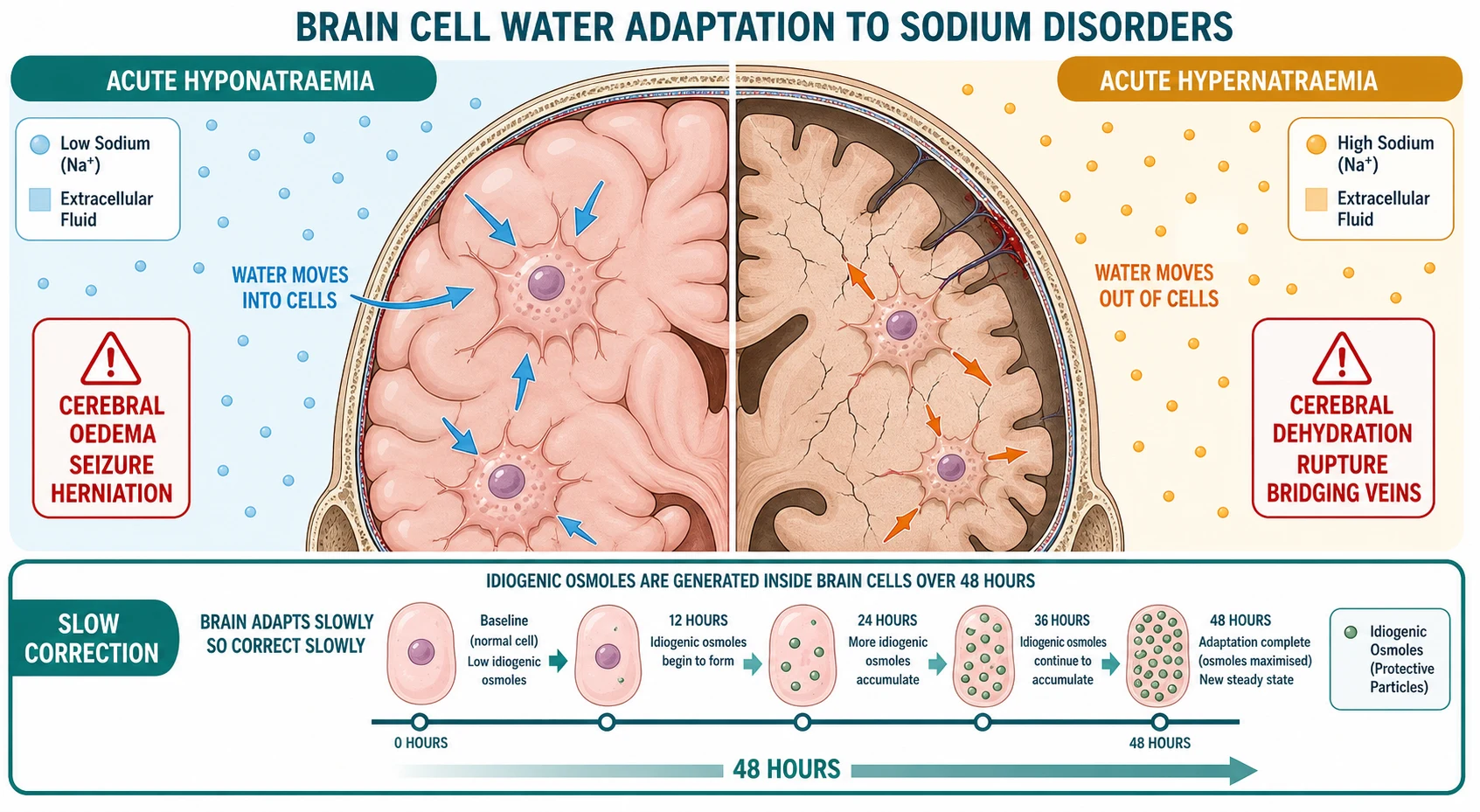 Mechanism diagram of brain cell volume adaptation. The left panel labelled acute hyponatraemia shows the extracellular fluid pale blue with low sodium dots, brain cells swollen and enlarged with inward blue arrows showing water moving into cells, the brain bulging against the skull, and a warning badge reading cerebral oedema seizure herniation. The right panel labelled acute hypernatraemia shows the extracellular fluid pale amber with high sodium dots, brain cells shrunken and contracted with outward arrows showing water moving out of cells, fine cracks and a small bleed on the brain surface, and a warning badge reading cerebral dehydration rupture bridging veins. The bottom strip labelled slow correction shows a timeline with idiogenic osmoles being generated inside brain cells over 48 hours, with text reading brain adapts slowly so correct slowly.