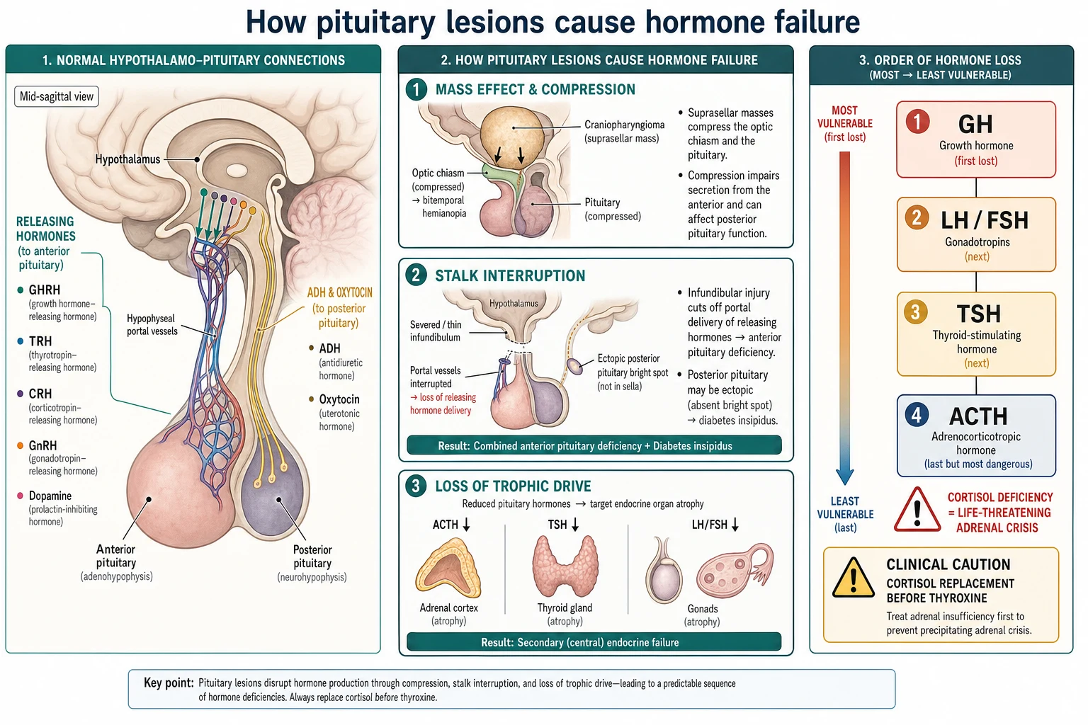 Pathophysiology of pituitary lesions. The hypothalamus sends releasing hormones down the portal vessels of the stalk to the anterior pituitary and antidiuretic hormone down axons to the posterior pituitary. Three mechanisms are shown: mass effect from a suprasellar craniopharyngioma compressing the optic chiasm and pituitary, stalk interruption cutting off portal delivery and producing an ectopic posterior pituitary bright spot with combined anterior deficiency and diabetes insipidus, and loss of trophic drive shrinking the adrenal, thyroid and gonad. A vertical ladder shows the order of hormone loss from growth hormone first to adrenocorticotrophin last, with a hazard marker beside cortisol deficiency.