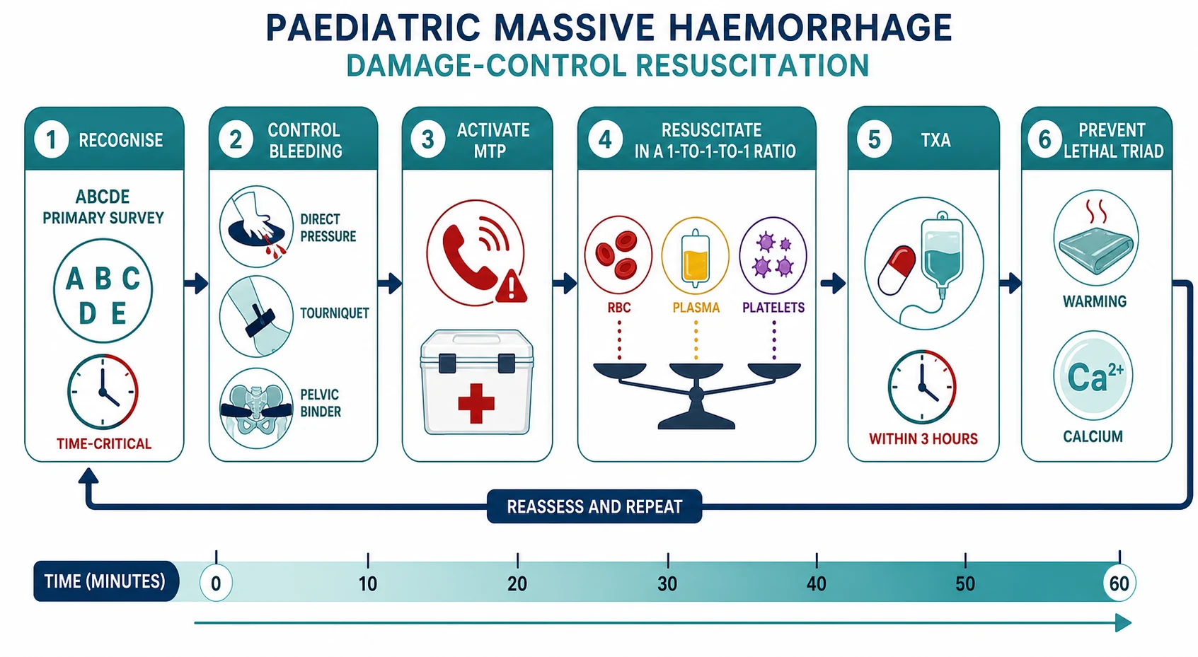 Reviewed educational schematic of the paediatric massive haemorrhage and damage control resuscitation flow: recognise with ABCDE, control bleeding with pressure tourniquet and pelvic binder, activate the massive transfusion protocol, resuscitate in a balanced one-to-one-to-one ratio, give tranexamic acid within three hours, prevent the lethal triad with warming and calcium, and reassess in a feedback loop