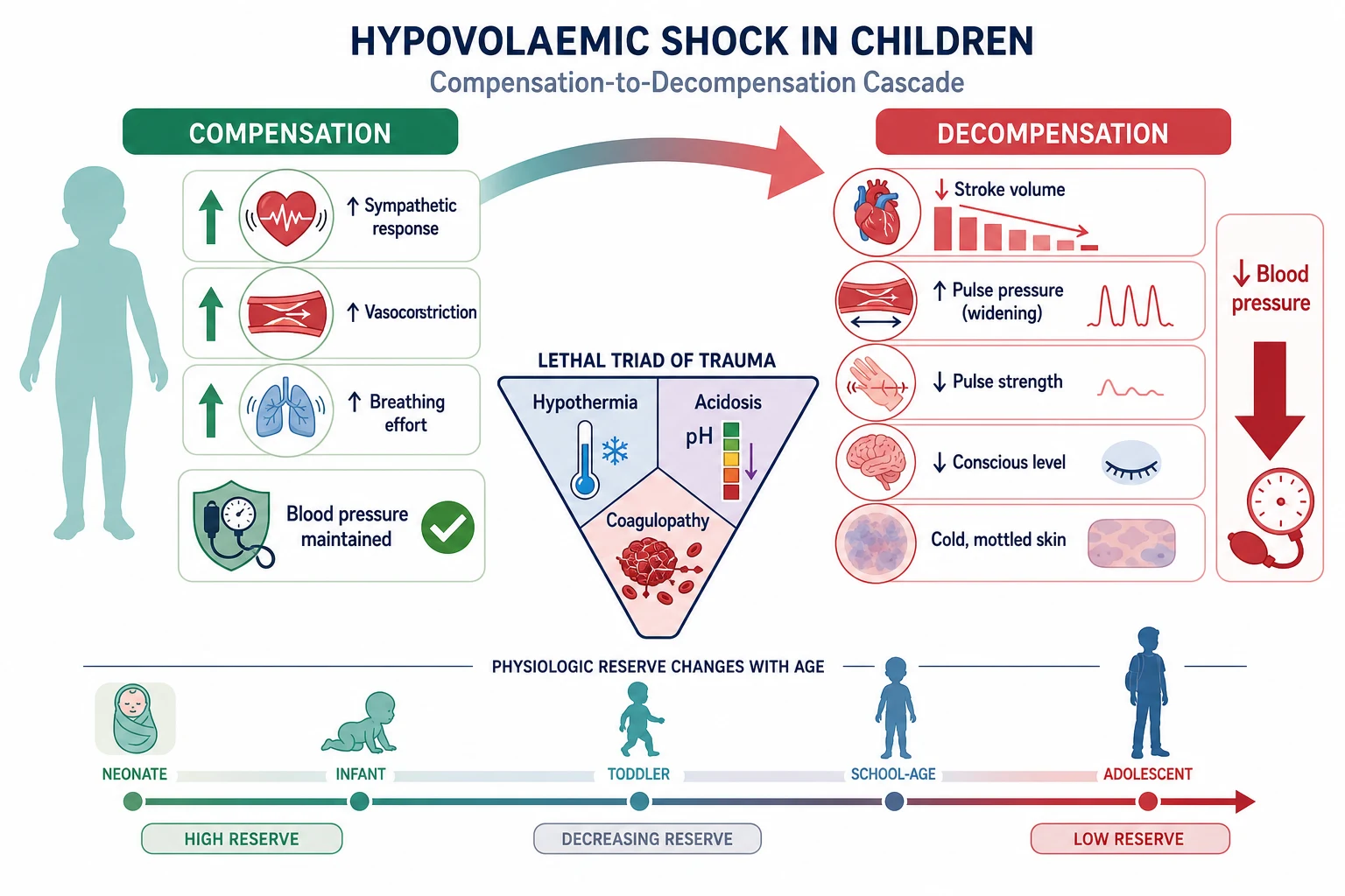 Reviewed educational schematic showing paediatric compensation on the left with tachycardia, vasoconstriction and increased breathing effort preserving blood pressure, a curved arrow transitioning to decompensation on the right with falling stroke volume, weak pulses, reduced consciousness and cold mottled skin, and the lethal triad of hypothermia, acidosis and coagulopathy at the centre