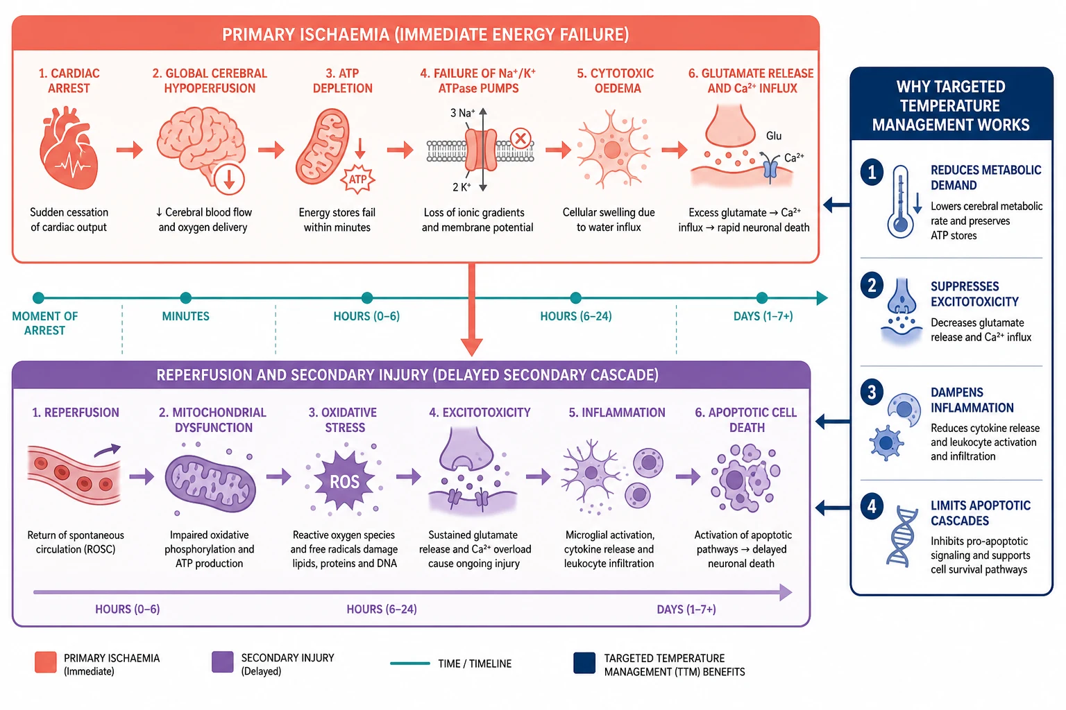 A clean scientific pathophysiology schematic on a white background. A horizontal timeline runs left to right labelled from the moment of arrest to hours to days after. Above the timeline a coral primary ischaemia panel shows the immediate energy-failure cascade: cardiac arrest leads to global cerebral hypoperfusion, ATP depletion, pump failure, cytotoxic oedema, and glutamate release with calcium influx causing rapid neuronal death. Below the timeline a purple reperfusion and secondary injury panel shows the post-return-of-circulation cascade: reperfusion, mitochondrial dysfunction, oxidative stress, excitotoxicity, inflammation, and apoptotic cell death spreading over hours to days. A navy callout box on the right titled why targeted temperature management works lists four numbered points: reduces metabolic demand, suppresses excitotoxicity, dampens inflammation, and limits apoptotic cascades.