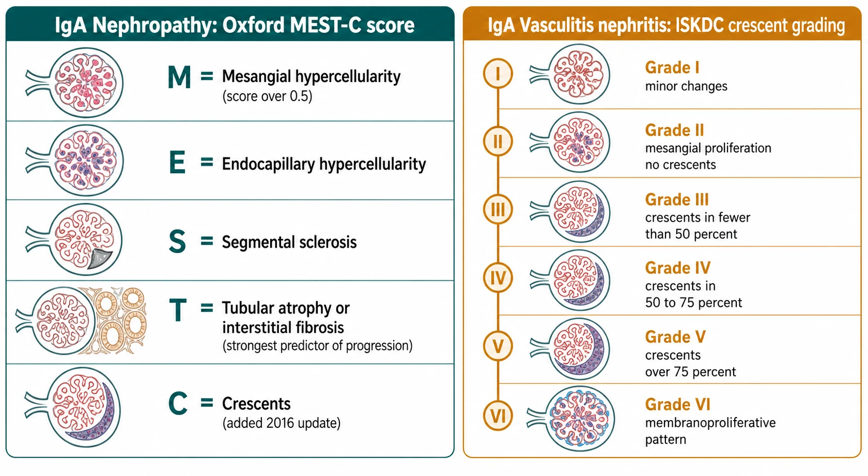 Classification diagram. Left panel: Oxford MEST-C score for IgA nephropathy with five labelled glomerular features, M for mesangial hypercellularity, E for endocapillary hypercellularity, S for segmental sclerosis, T for tubular atrophy or interstitial fibrosis marked as the strongest predictor of progression, and C for crescents added in the 2016 update. Right panel: ISKDC crescent grading for IgA vasculitis nephritis from grade I minor changes through grade II mesangial proliferation with no crescents, grade III crescents in fewer than 50 percent, grade IV crescents in 50 to 75 percent, grade V crescents over 75 percent, to grade VI membranoproliferative pattern.