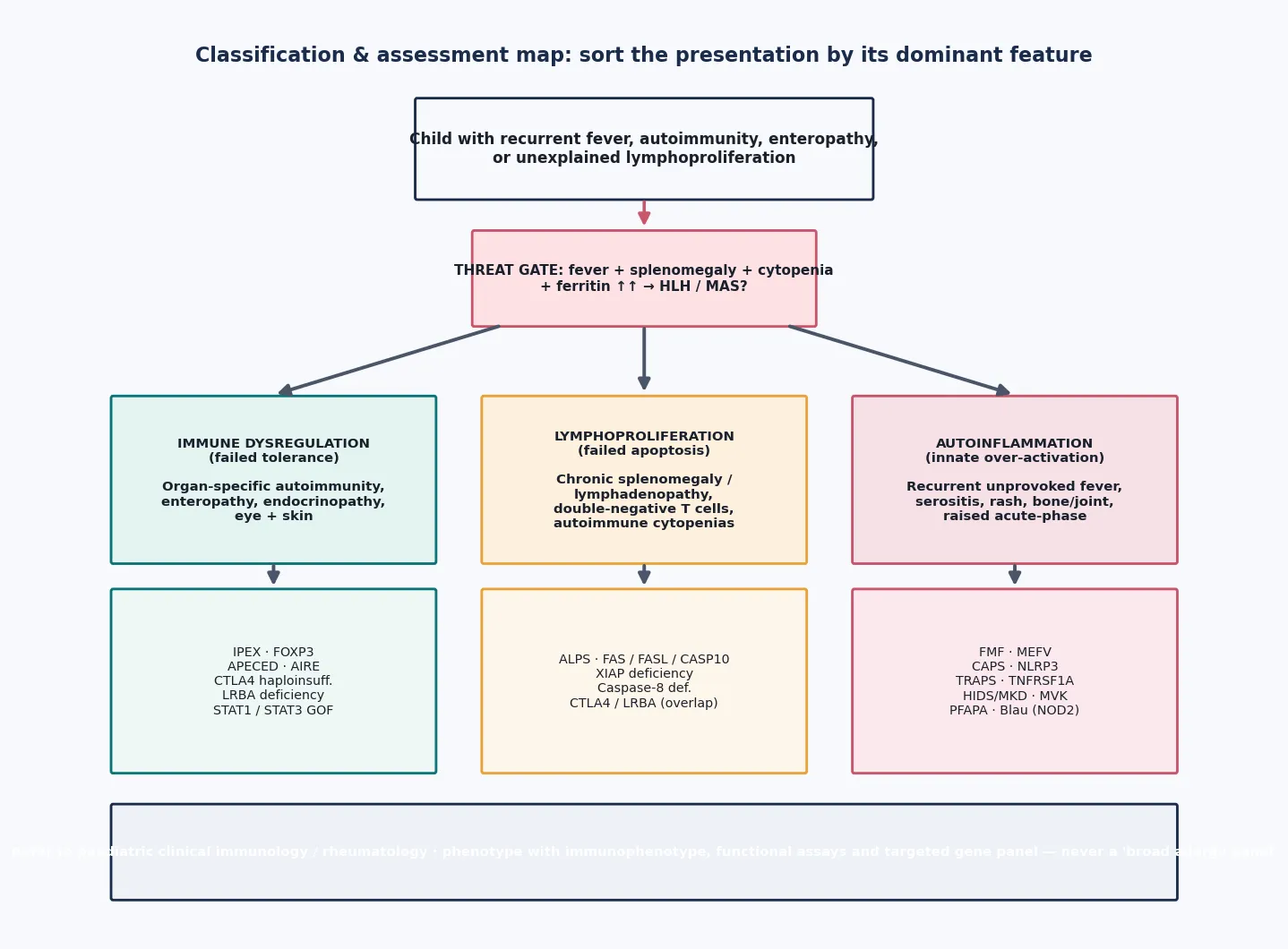 Sort-the-presentation map with a threat gate for HLH/MAS at the top, then three branches by dominant feature into immune dysregulation, lymphoproliferation and autoinflammation, each with its canonical genes, ending in a referral and gene-panel footer