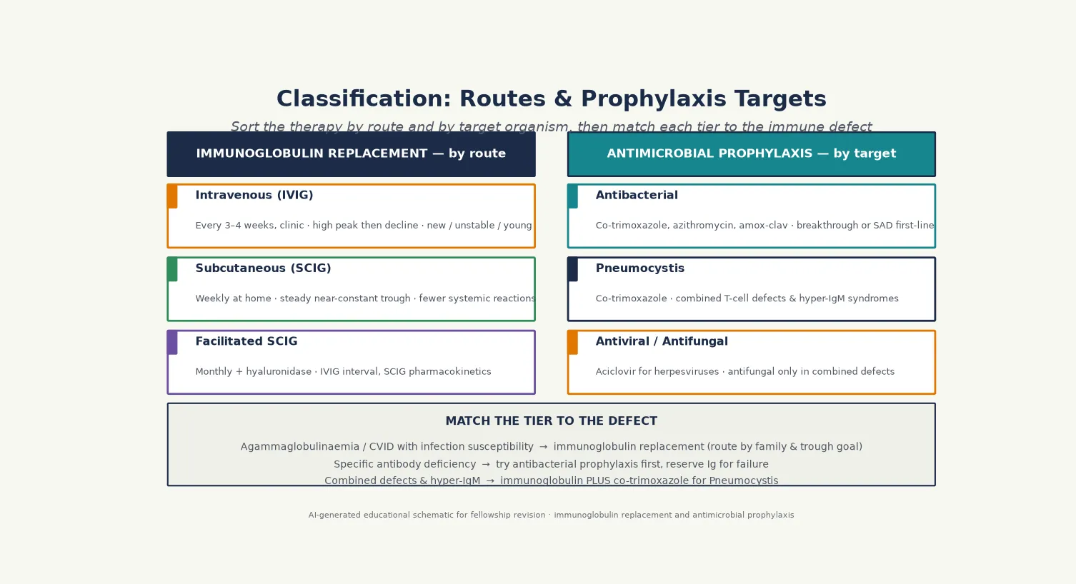 Two-column classification map: the left column sorts immunoglobulin replacement by route from intravenous through subcutaneous to facilitated subcutaneous with their pharmacokinetic profiles; the right column sorts antimicrobial prophylaxis by target organism from antibacterial through Pneumocystis to antiviral and antifungal, with a footer showing which immune defects each tier serves