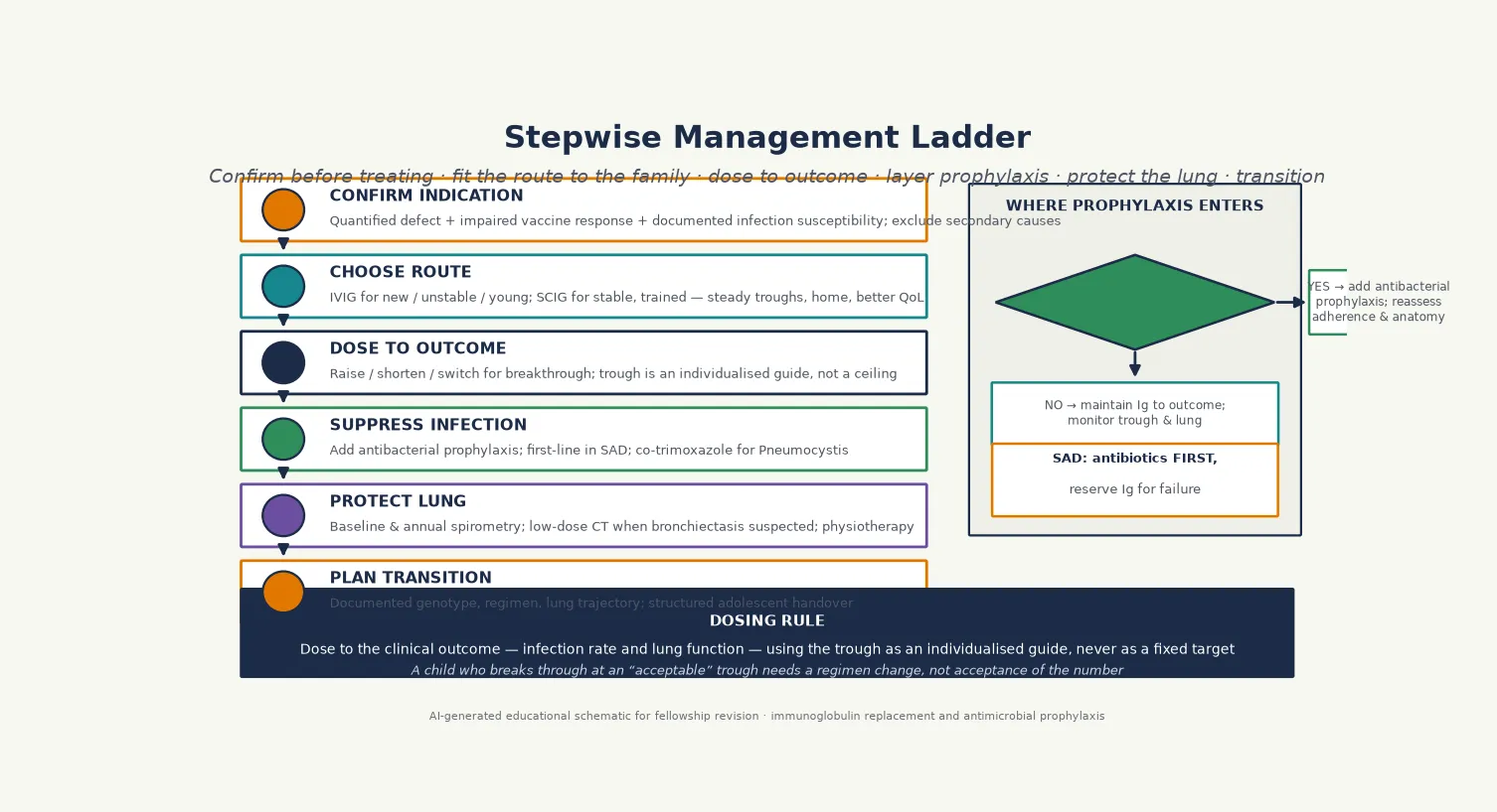 Six-step management ladder reading from confirm the indication, choose the route, dose to outcome, suppress infection, protect the lung, to plan the transition, with a decision diamond showing where antimicrobial prophylaxis enters the pathway and a footer of the trough-and-outcome dosing rule
