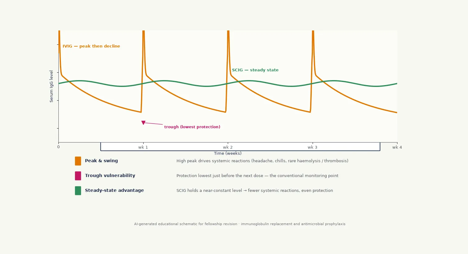 Two pharmacokinetic curves plotted against time over four weeks: the intravenous curve rising to a sharp peak then declining to a trough before the next dose, and the subcutaneous curve holding a steady near-constant level, with annotation rows showing how each profile maps to systemic reactions, trough vulnerability, and the steady-state advantage