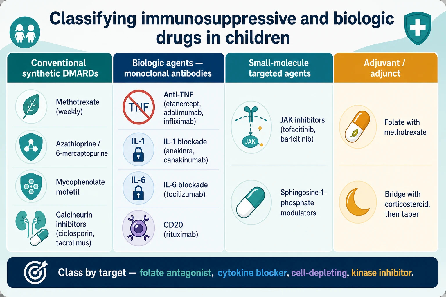Educational infographic classifying immunosuppressive and biologic drugs into four columns — conventional synthetic disease-modifying drugs (methotrexate, azathioprine, mycophenolate, calcineurin inhibitors), biologic monoclonal antibodies (anti-TNF, IL-1, IL-6, CD20), small-molecule targeted agents (JAK inhibitors), and adjuncts (folic acid, corticosteroid bridge) — each with a class icon and the target it blocks