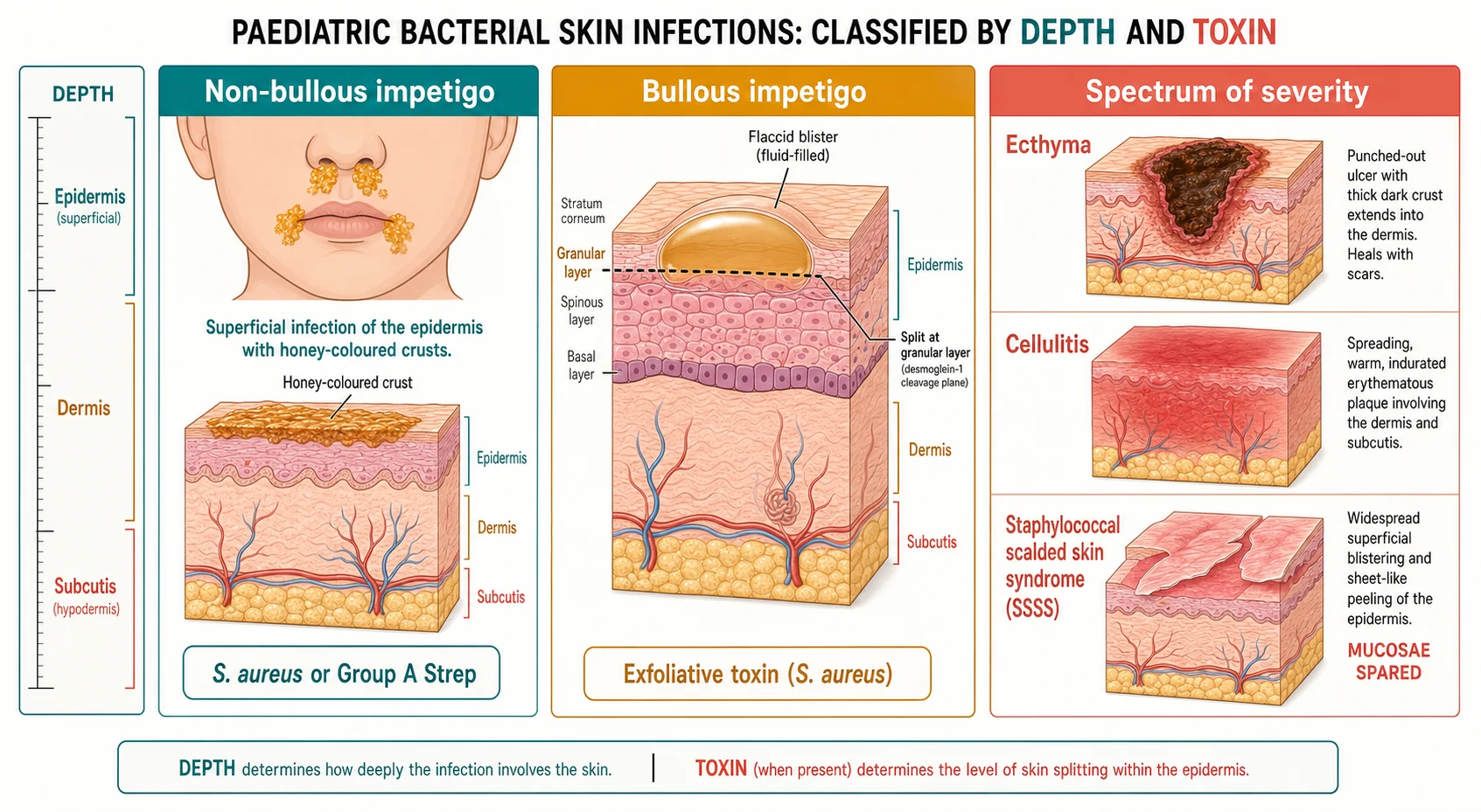 Three-panel schematic of bacterial skin infection depth and toxin: panel one non-bullous honey-coloured crusted impetigo around the nose and mouth at the superficial epidermis; panel two bullous impetigo with a flaccid bulla and the desmoglein-1 split plane in the granular layer; panel three the spectrum from ecthyma through cellulitis to staphylococcal scalded skin syndrome, with mucosae marked as spared