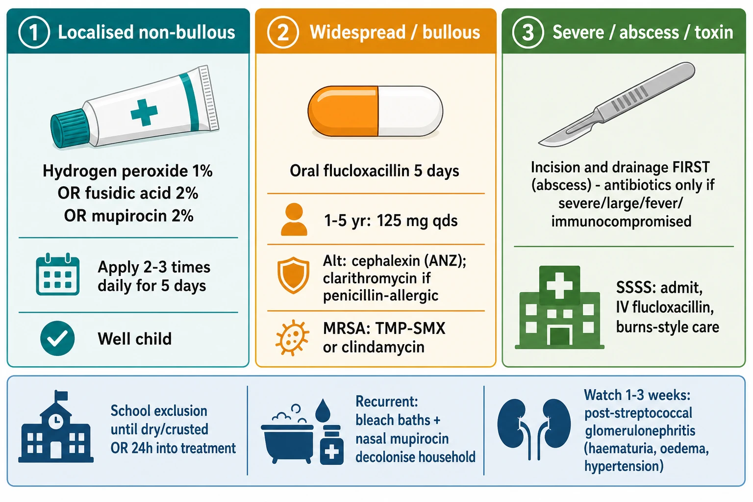 Three-column stepwise management pathway: column one localised non-bullous impetigo (topical hydrogen peroxide 1% or fusidic acid or mupirocin for five days); column two widespread or bullous disease (oral flucloxacillin or cephalexin for five days, with clindamycin or trimethoprim-sulfamethoxazole for MRSA and penicillin allergy); column three the abscess and the toxin-mediated extremes (incision and drainage for abscess with antibiotics only for severity flags; admission, intravenous flucloxacillin and burn-style care for SSSS), plus a footer on school exclusion, household decolonisation and PSGN surveillance