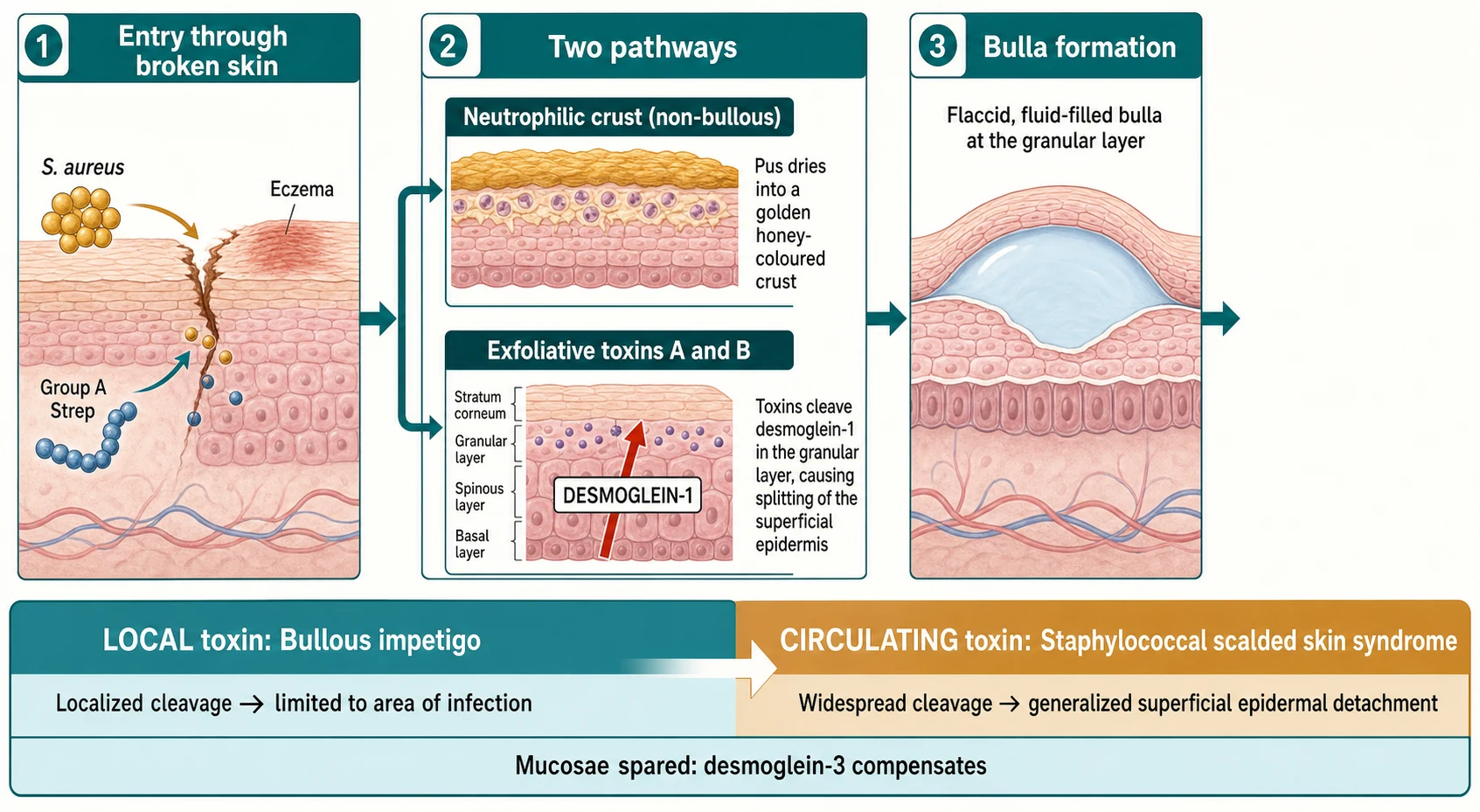 Left-to-right pathophysiology cascade: S. aureus and group A streptococcus enter through broken skin, multiply in the superficial epidermis, and either provoke a neutrophilic crust (non-bullous) or release exfoliative toxins A and B that cleave desmoglein-1 in the granular layer, splitting the epidermis to form bullae locally (bullous impetigo) or across the body when the toxin circulates (SSSS); a footer shows mucosae spared because desmoglein-3 compensates