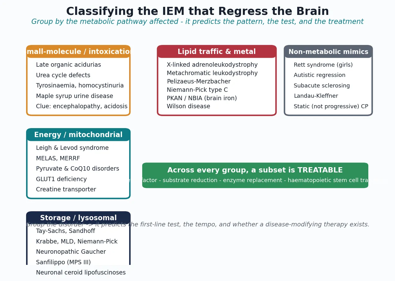 Classification of the inborn errors of metabolism that cause neurological regression, grouped by affected pathway: intoxicating small-molecule, energy or mitochondrial, storage or lysosomal, and lipid-traffic and metal disorders, with a fifth column of non-metabolic mimics and a footer naming the treatable subset that spans every group