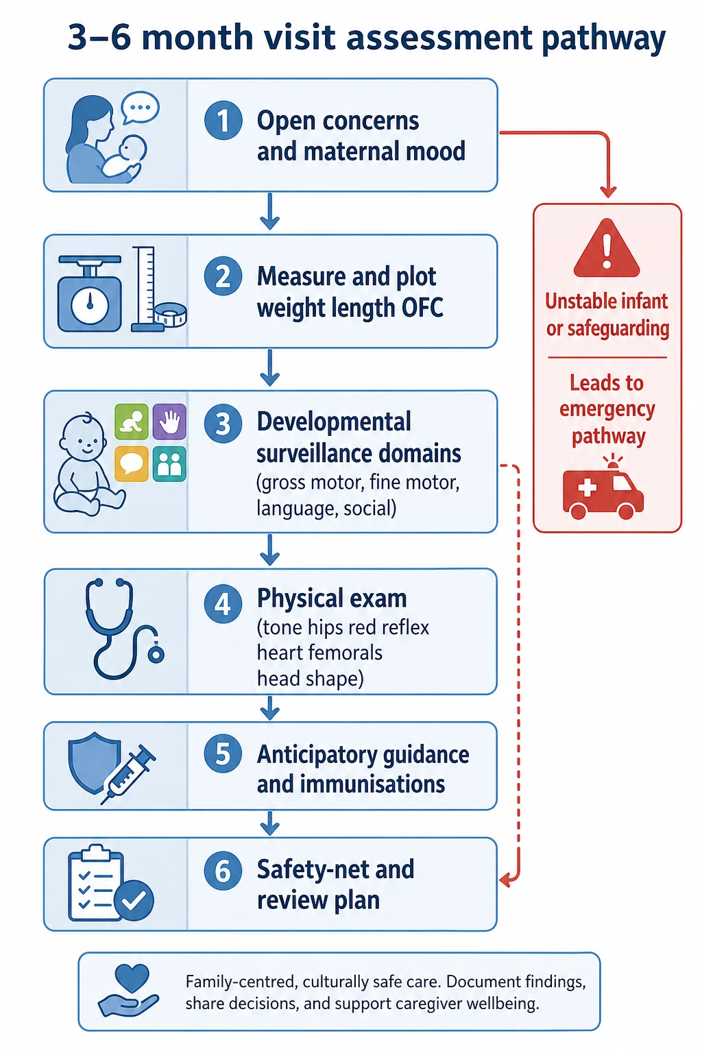 Educational flowchart of the 3 to 6 month well-infant assessment pathway from concerns and maternal mood through growth, development, exam, guidance, immunisations and safety-net