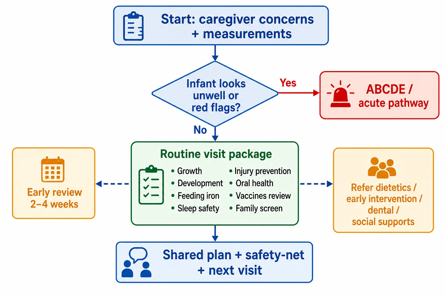 Flowchart from caregiver concerns and measurements through red-flag conversion to acute care or routine visit package with shared plan and early review options