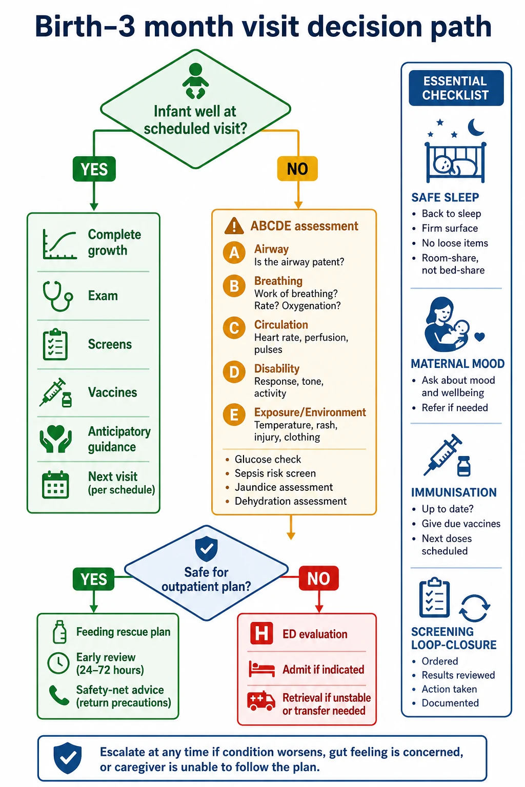Decision algorithm from well scheduled visit versus unwell path with ABCDE, outpatient feeding rescue or emergency escalation
